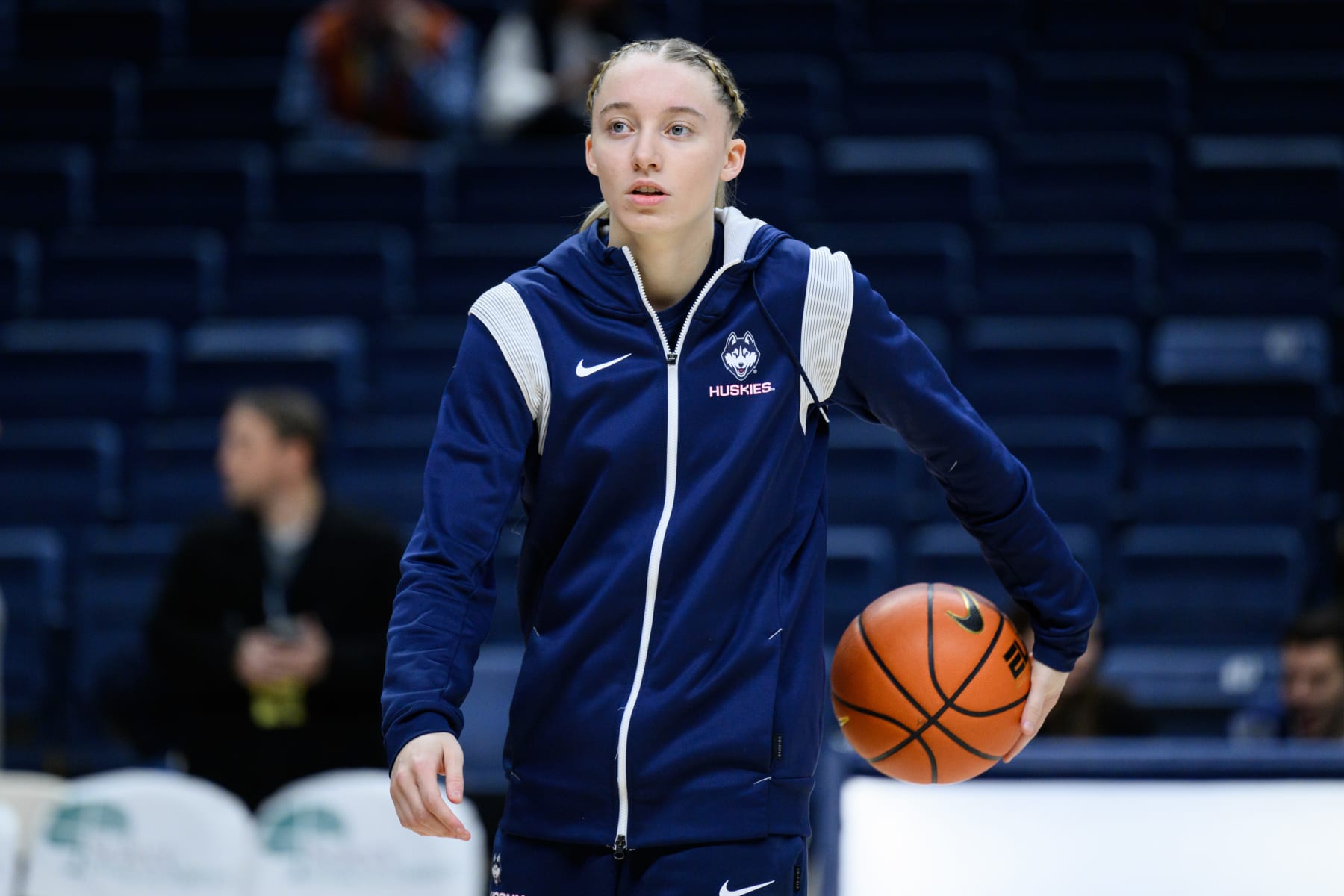 STORRS, CT - JANUARY 21: UConn Huskies guard Paige Bueckers (5) warms up on the court before the women's college basketball game between the Butler Bulldogs and UConn Huskies on January 21, 2023, at Harry A. Gampel Pavilion in Storrs, CT. (Photo by Zach Bolinger/Icon Sportswire via Getty Images)