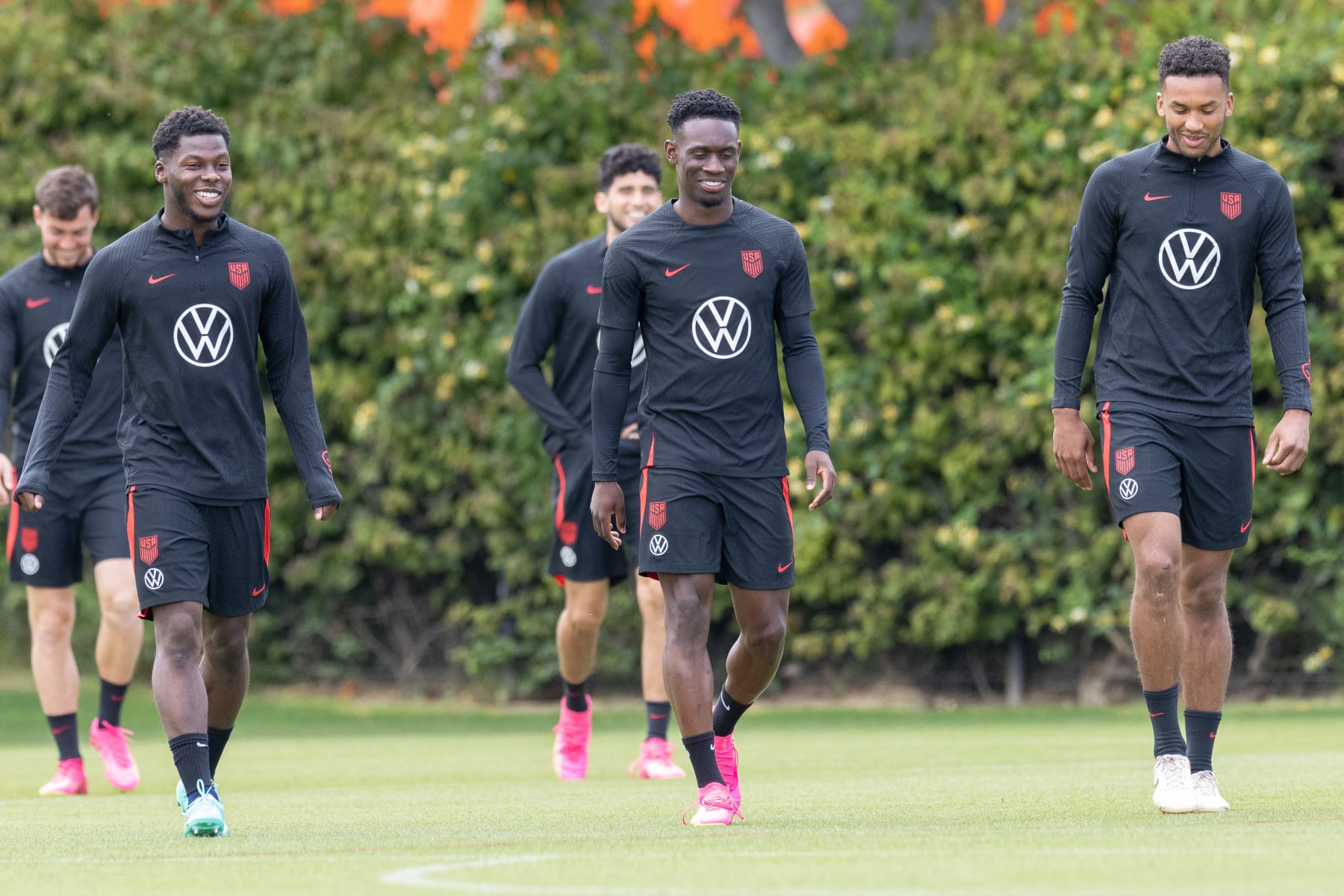 CARSON, CA - JUNE 8: Yunus Musah, Folarin Balogun, Auston Trusty of the United States during USMNT Training at Dignity Health Sports Park on June 8, 2023 in Carson, California. (Photo by John Dorton/USSF/Getty Images for USSF).
