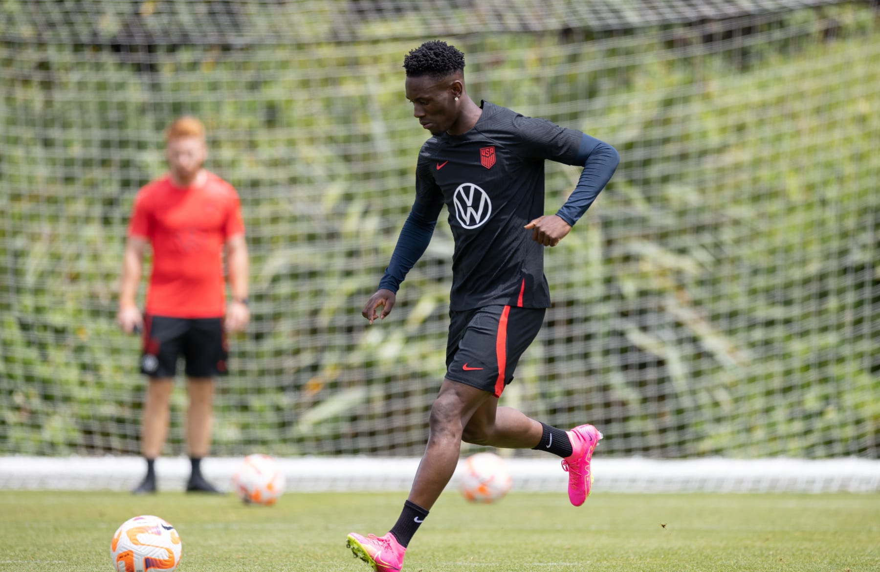 CARSON, CA - JUNE 7: Folarin Balogun of the United States passes the ball during a USMNT training session at Dignity Health Sports Park on June 7, 2023 in Carson, California. (Photo by John Dorton/USSF/Getty Images for USSF)