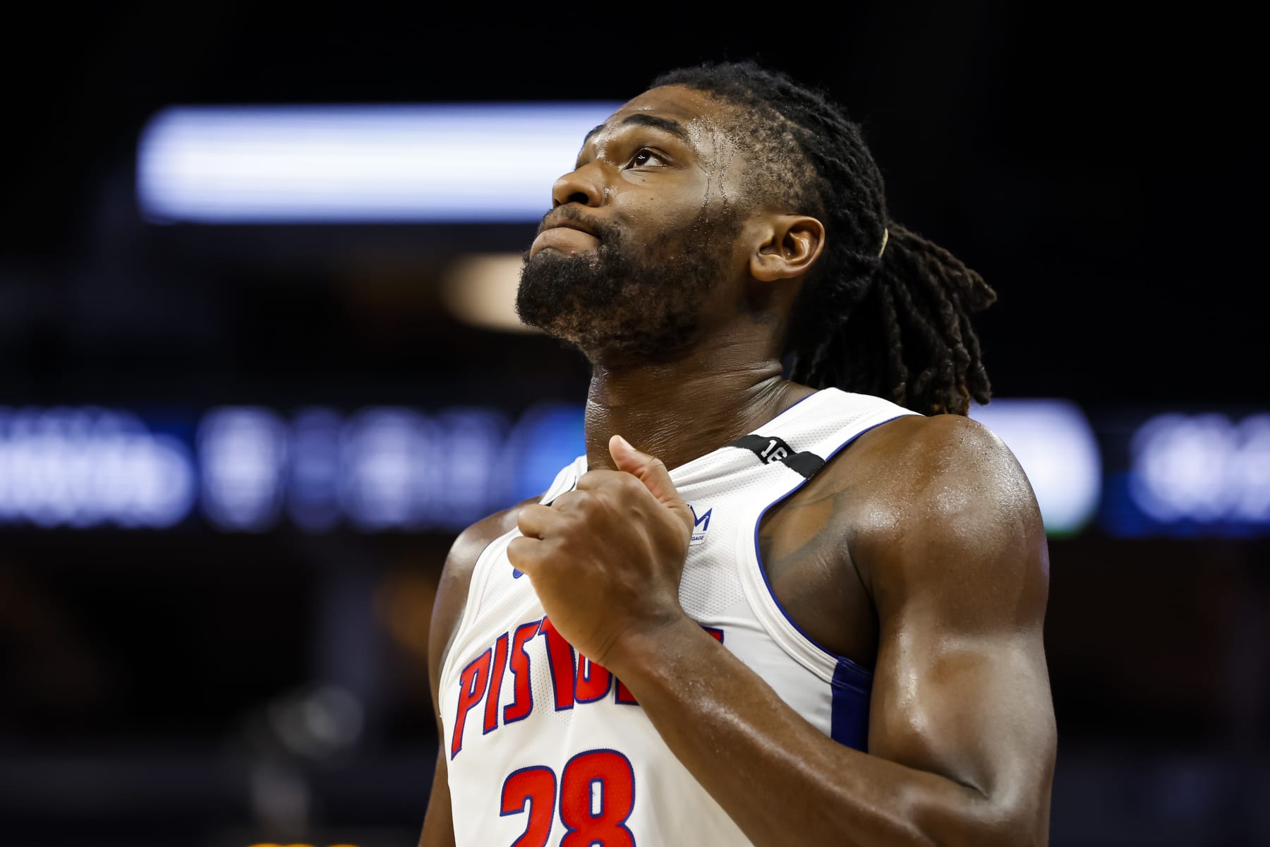 MINNEAPOLIS, MN - DECEMBER 31: Isaiah Stewart #28 of the Detroit Pistons looks on against the Minnesota Timberwolves in the fourth quarter of the game at Target Center on December 31, 2022 in Minneapolis, Minnesota. The Pistons defeated the Timberwolves 116-104. NOTE TO USER: User expressly acknowledges and agrees that, by downloading and or using this Photograph, user is consenting to the terms and conditions of the Getty Images License Agreement. (Photo by David Berding/Getty Images)