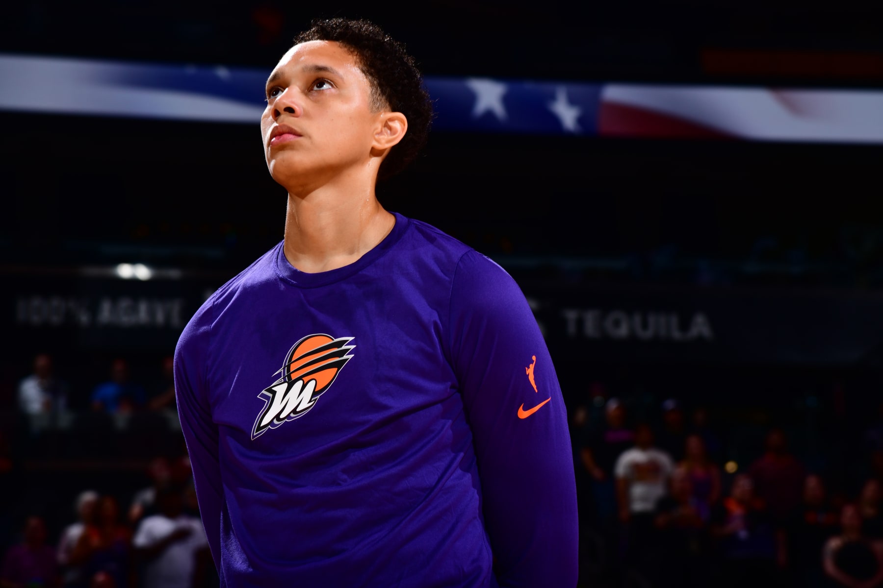 PHOENIX, AZ - JUNE 13: Brittney Griner #42 of the Phoenix Mercury stands for the National Anthem before the game against the Seattle Storm on June 13, 2023 at Footprint Center in Phoenix, Arizona. NOTE TO USER: User expressly acknowledges and agrees that, by downloading and or using this photograph, user is consenting to the terms and conditions of the Getty Images License Agreement. Mandatory Copyright Notice: Copyright 2023 NBAE (Photo by Barry Gossage/NBAE via Getty Images)