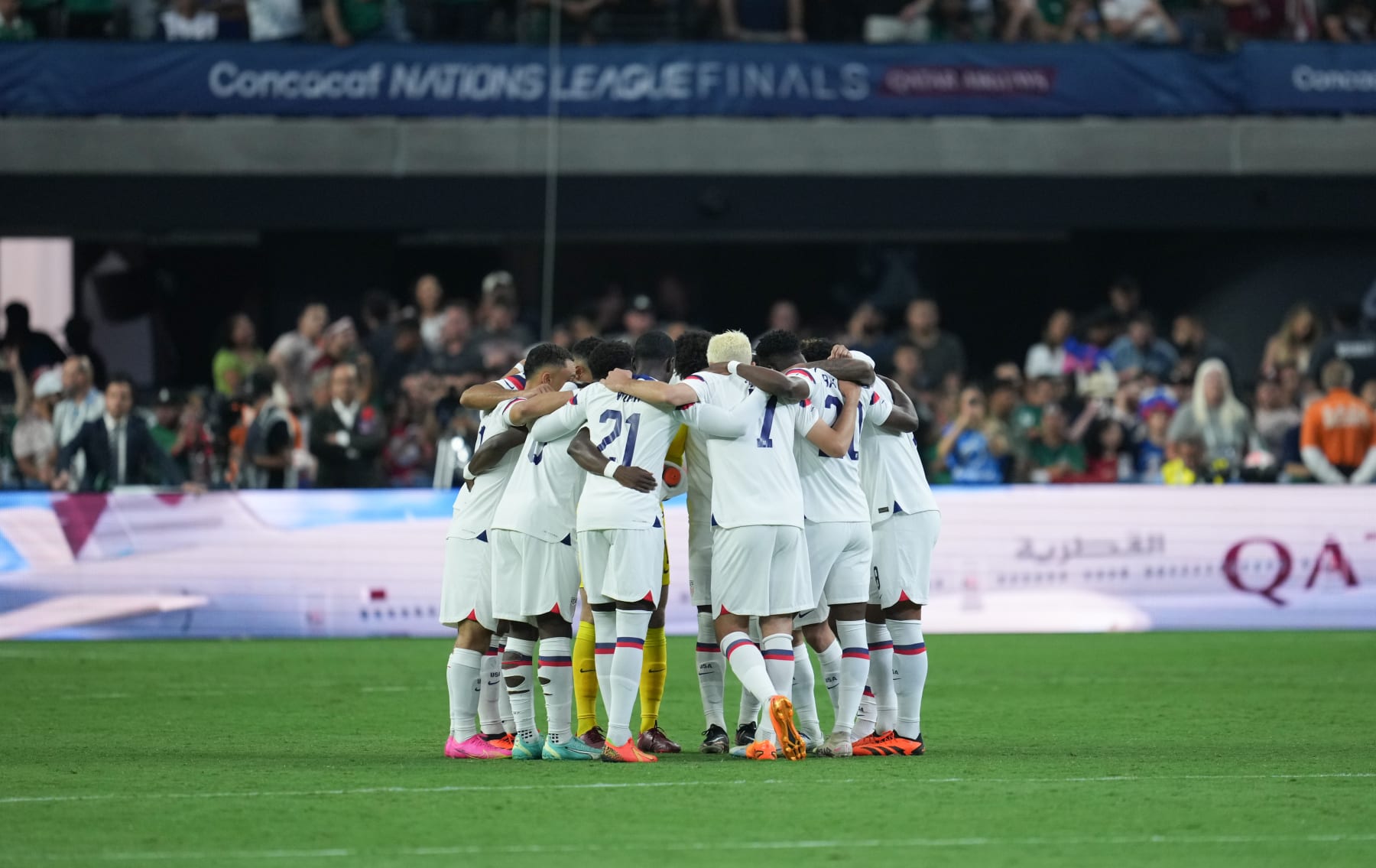 LAS VEGAS, NV - JUNE 15: USA starting eleven in a huddle during a CONCACAF Nations League game between Mexico and United States at Allegiant Stadium on June 15, 2023 in Las Vegas, Nevada. (Photo by Robin Alam/ISI Photos/Getty Images).