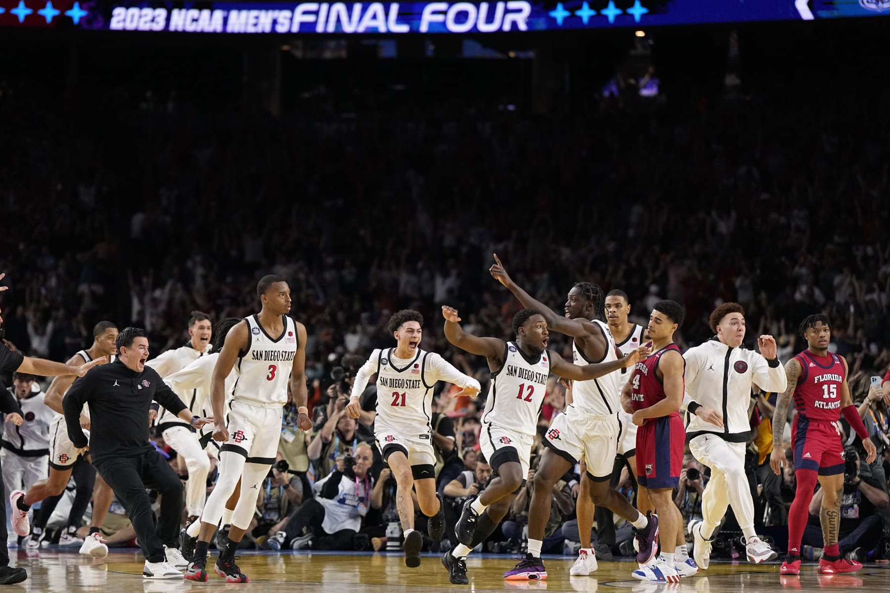 San Diego State reacts after their win against Florida Atlantic in a Final Four college basketball game in the NCAA Tournament on Saturday, April 1, 2023, in Houston. (AP Photo/Brynn Anderson)