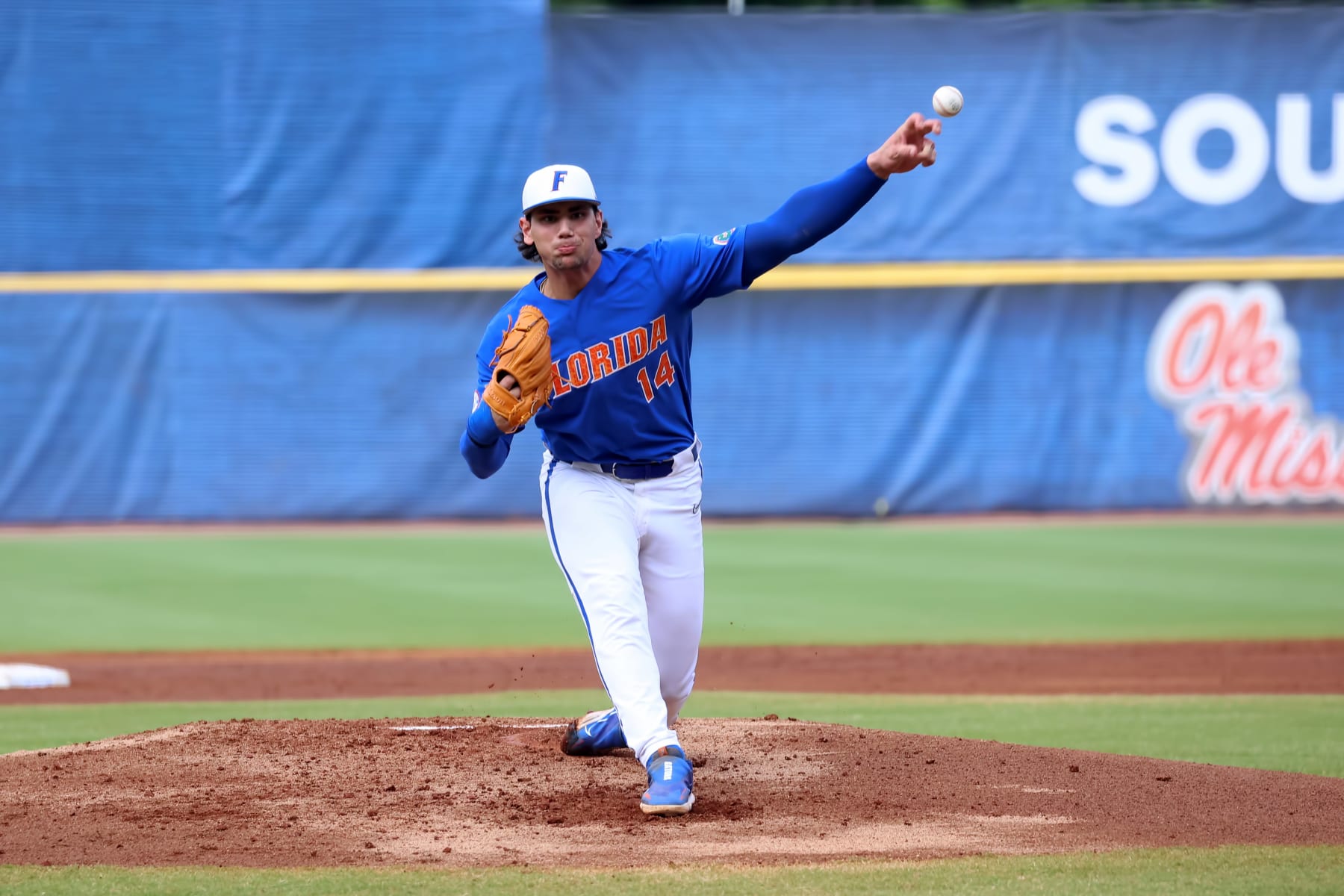 HOOVER, AL - MAY 27: Florida Gators pitcher Jac Caglianone (14) during the 2023 SEC Baseball Tournament game between the Florida Gators and the Vanderbilt Commodores on May 27, 2023 at Hoover Metropolitan Stadium in Hoover, Alabama. (Photo by Michael Wade/Icon Sportswire via Getty Images)