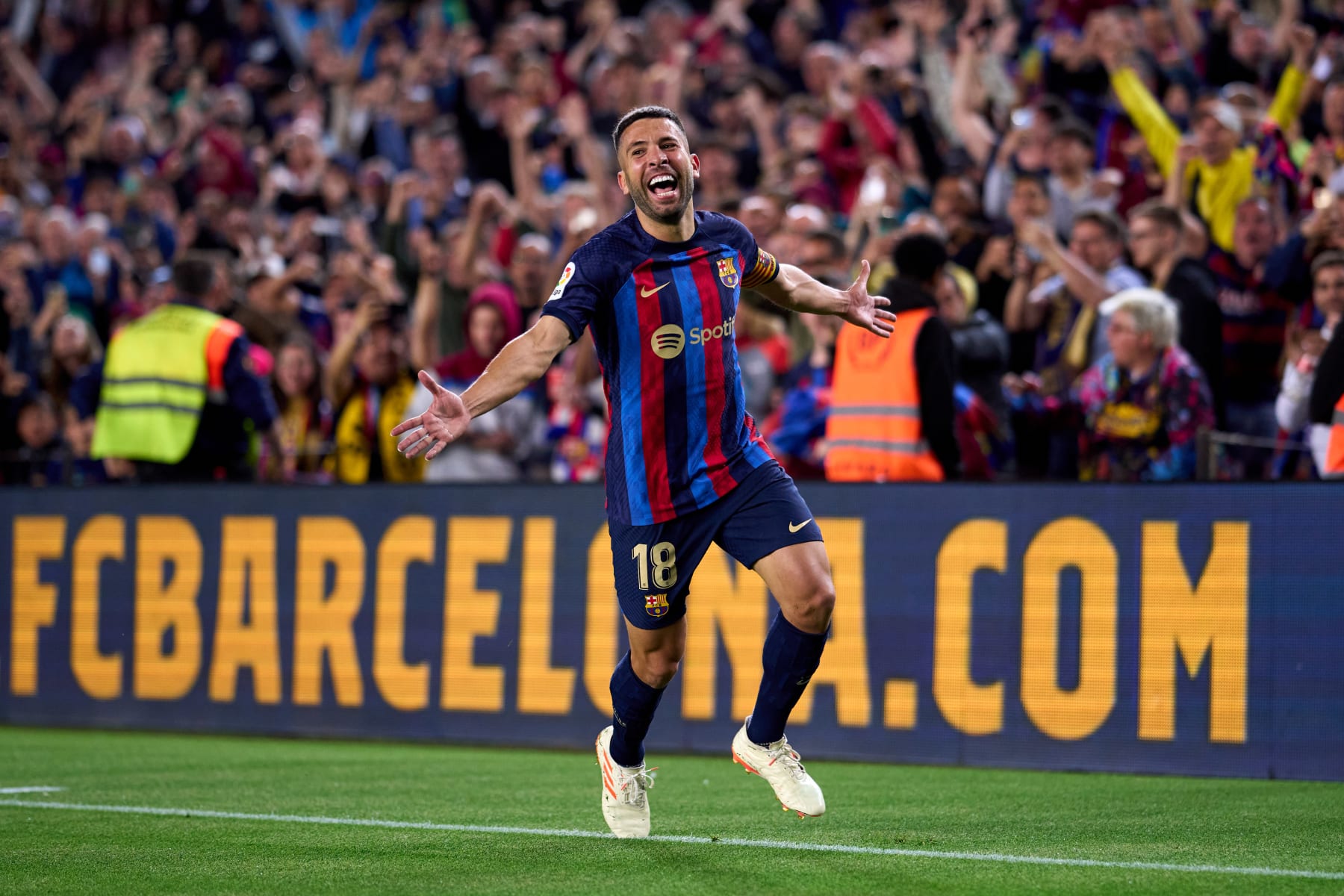 BARCELONA, SPAIN - MAY 02: Jordi Alba of FC Barcelona celebrates after scoring his team's first goal during the LaLiga Santander match between FC Barcelona and CA Osasuna at Spotify Camp Nou on May 02, 2023 in Barcelona, Spain. (Photo by Alex Caparros/Getty Images)