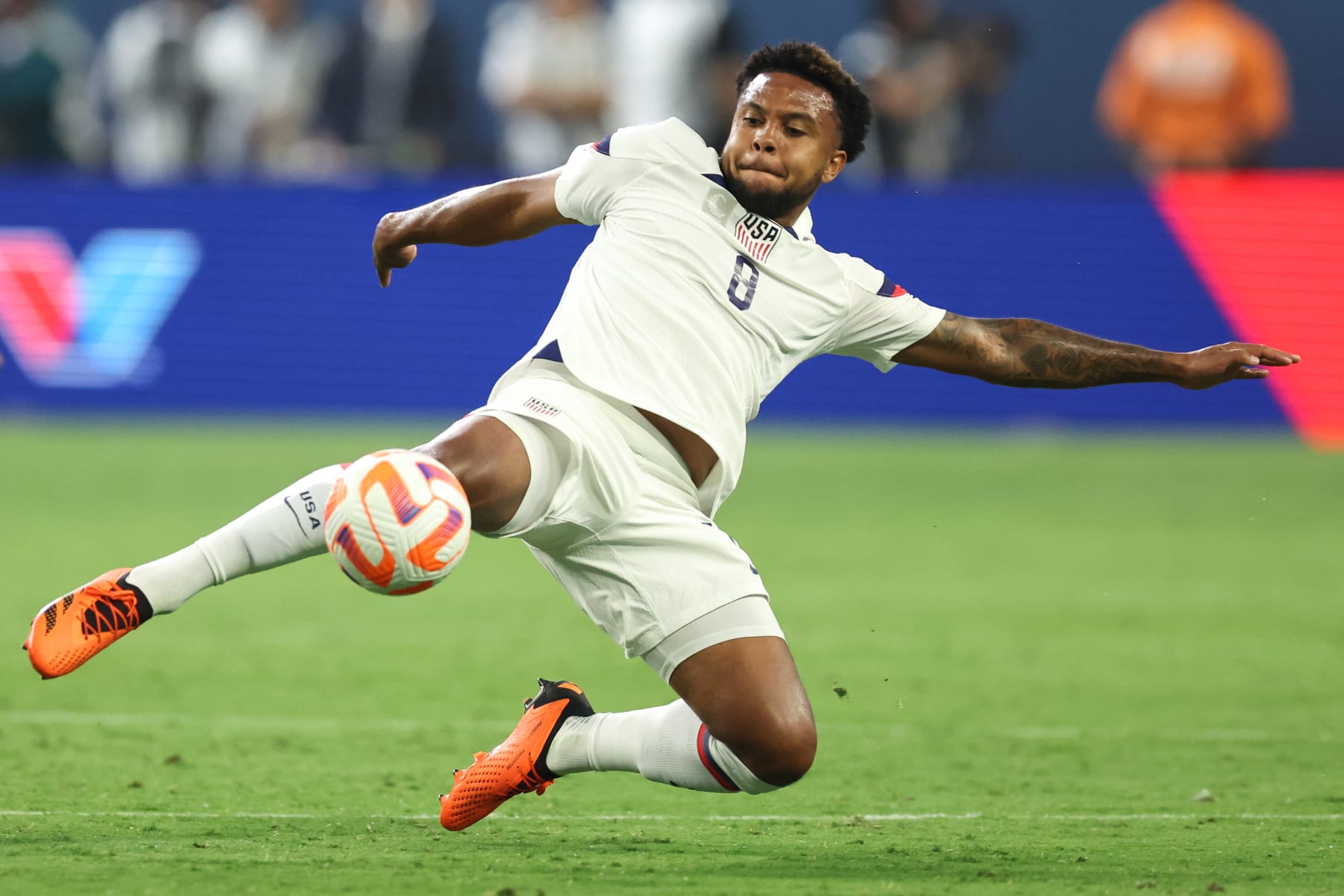LAS VEGAS, NEVADA - JUNE 15: Weston McKennie of USA during the CONCACAF Nations League Semi Final between Mexico and United States of America at Allegiant Stadium on June 15, 2023 in Las Vegas, Nevada.(Photo by Matthew Ashton - AMA/Getty Images)