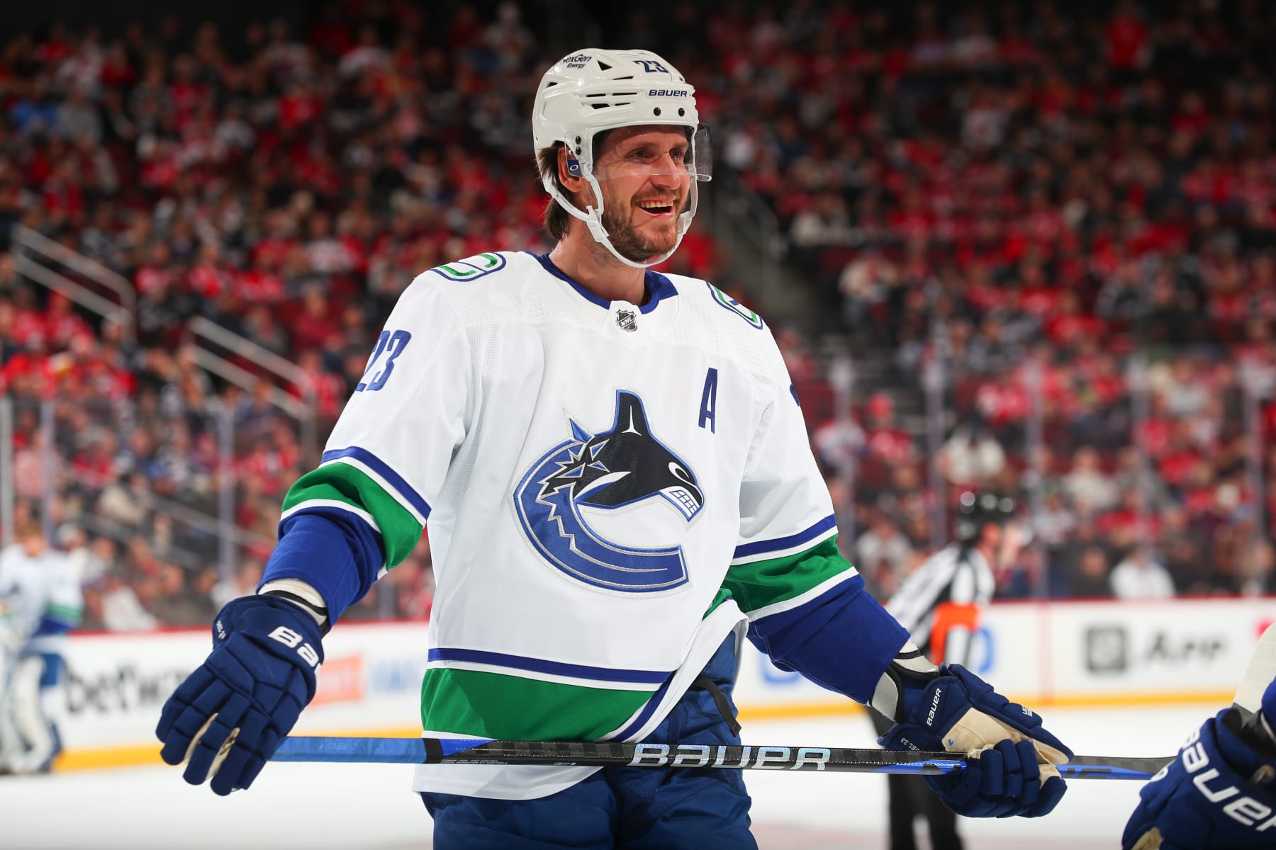 NEWARK, NJ - FEBRUARY 06: Oliver Ekman-Larsson #23 of the Vancouver Canucks skates in the first period of the game against the New Jersey Devils on February 06, 2023 at the Prudential Center in Newark, New Jersey. (Photo by Rich Graessle/NHLI via Getty Images)