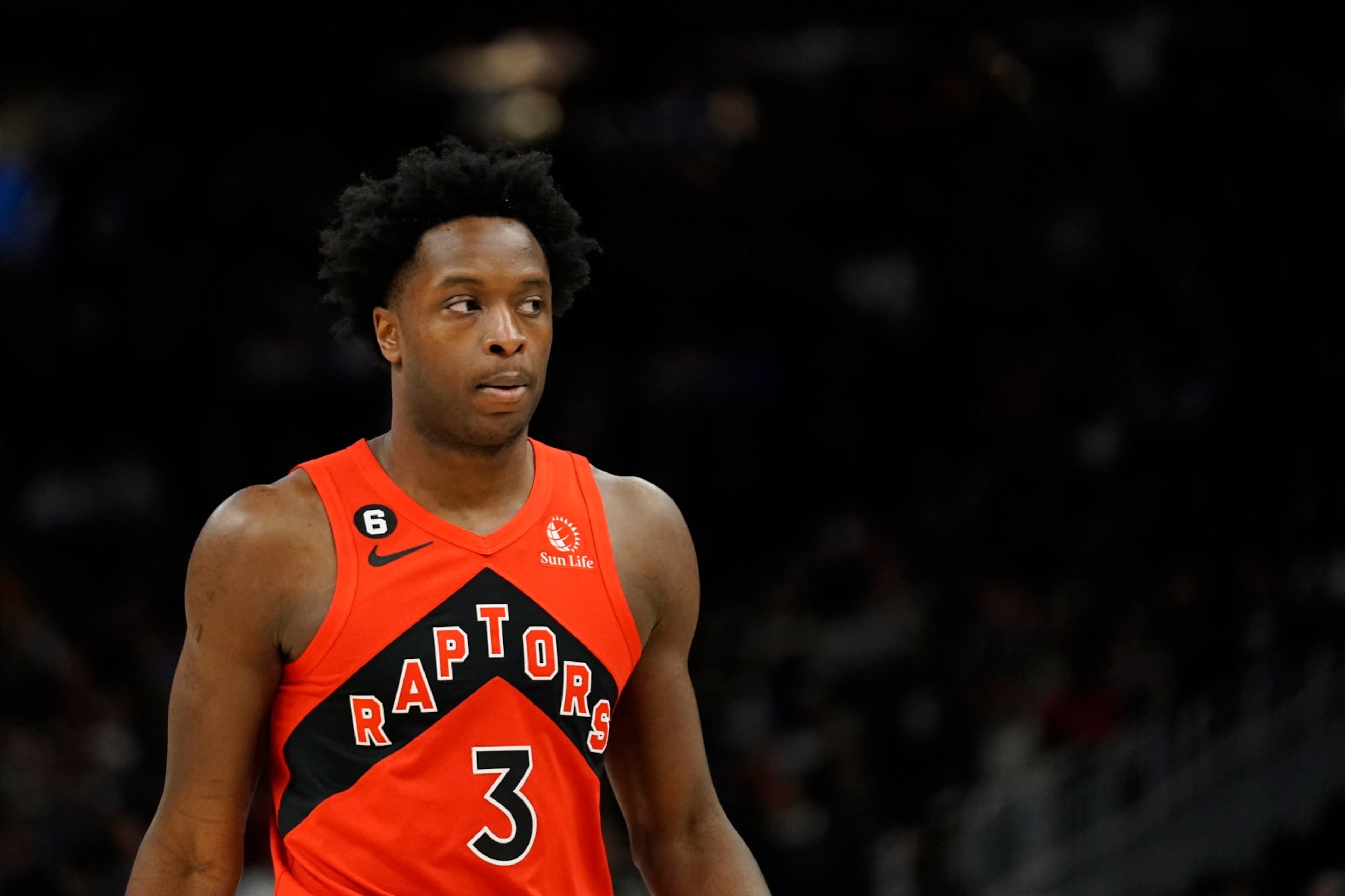 Toronto Raptors' O.G. Anunoby during the first half of an NBA basketball game against the Milwaukee Bucks Sunday, March 19, 2023, in Milwaukee. (AP Photo/Aaron Gash)