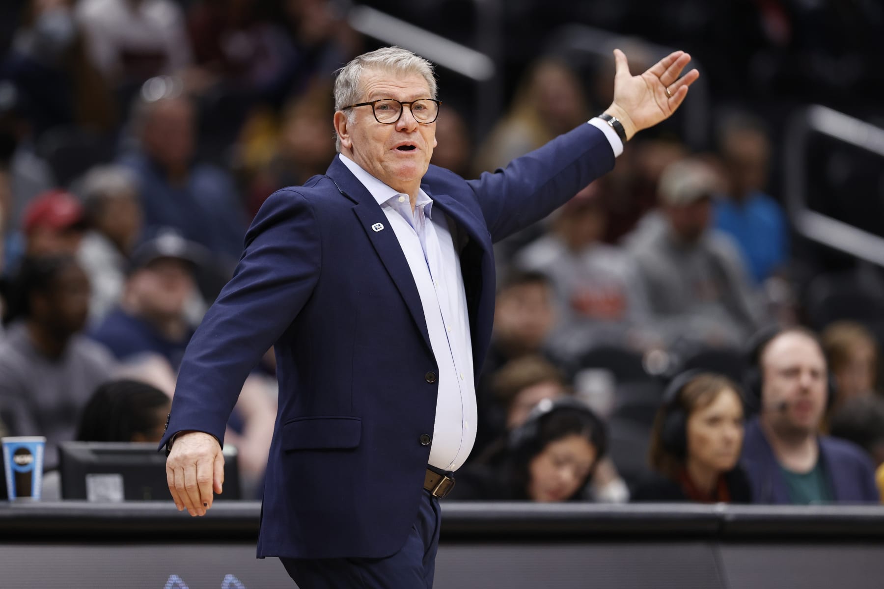 SEATTLE, WASHINGTON - MARCH 25: Head coach Geno Auriemma of the UConn Huskies reacts during the first half against the Ohio State Buckeyes in the Sweet 16 round of the NCAA Women's Basketball Tournament at Climate Pledge Arena on March 25, 2023 in Seattle, Washington. (Photo by Steph Chambers/Getty Images)