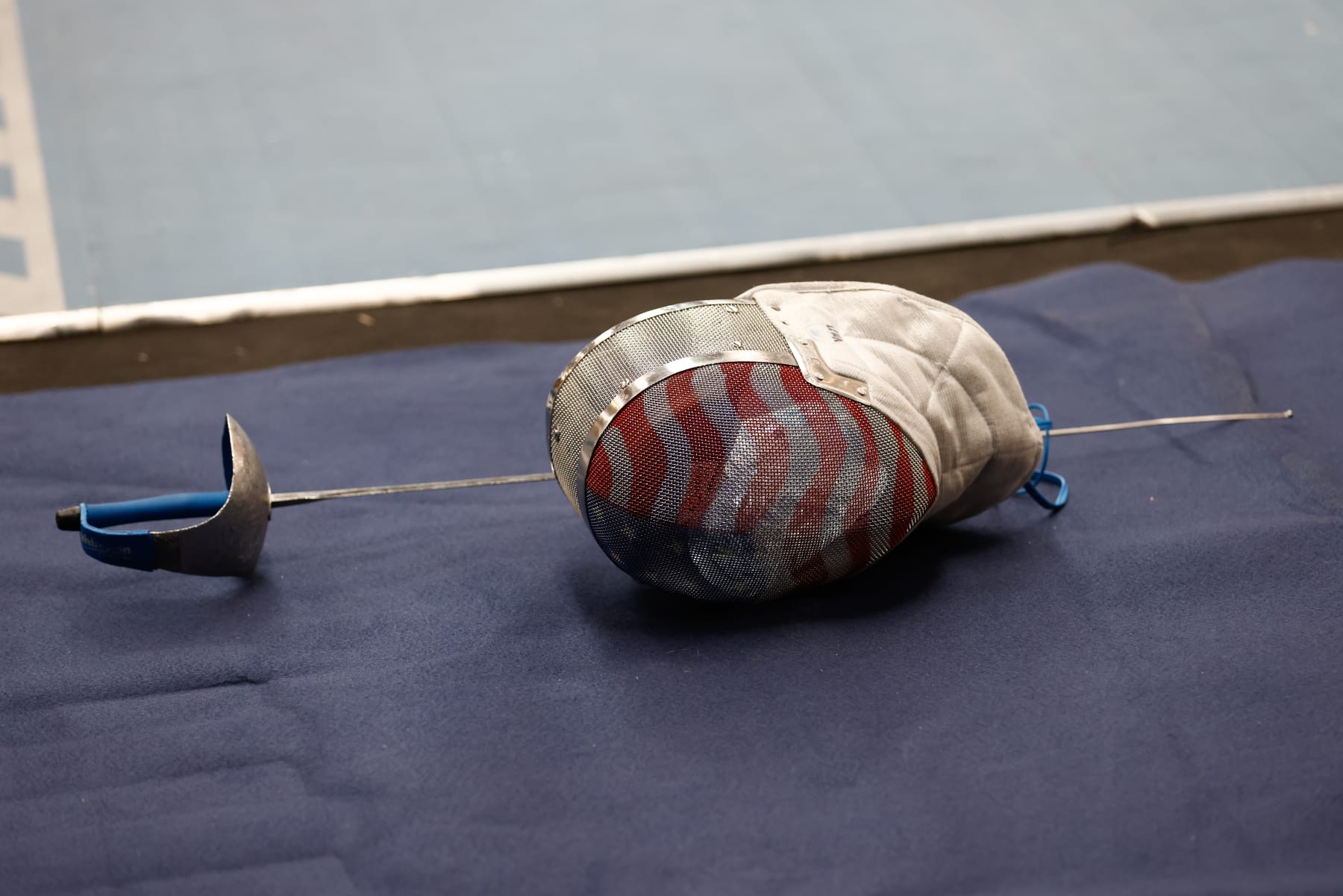 MADRID, SPAIN - MAY 13: Detail of the helmet of SARON Mitchell of United States during the Fencing World Cup, Men's Saber, XL Villa De Madrid celebrated at Polideportivo Municipal de Gallur on May 13, 2023 in Madrid, Spain. (Photo By Oscar J. Barroso/Europa Press via Getty Images)