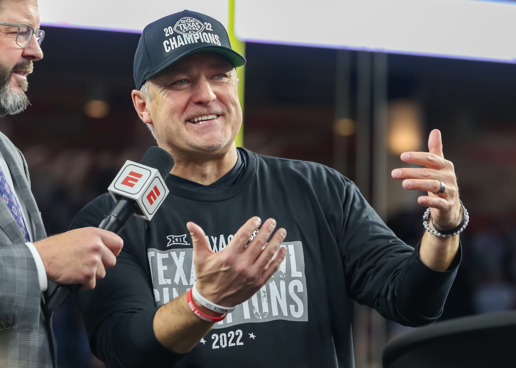 HOUSTON, TX - DECEMBER 28:  Texas Tech Red Raiders head coach Joey McGuire speaks to the crowd after his teams victory 42-25 during the TaxAct Texas Bowl between the Texas Tech Red Raiders and Ole Miss Rebels on December 28, 2022 at NRG Stadium in Houston, Texas.  (Photo by Leslie Plaza Johnson/Icon Sportswire via Getty Images)
