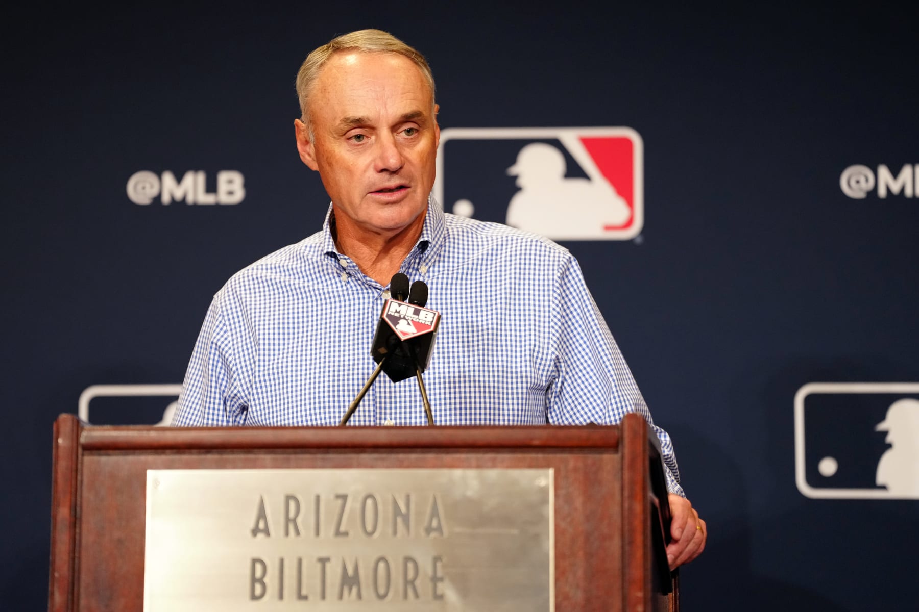 PHOENIX, AZ - FEBRUARY 15: Major League Baseball Commissioner Robert D. Manfred Jr. speaks to the media during the Spring Training Cactus League Media Day at Arizona Biltmore on Wednesday, February 15, 2023 in Phoenix, Arizona. (Photo by Daniel Shirey/MLB Photos via Getty Images)