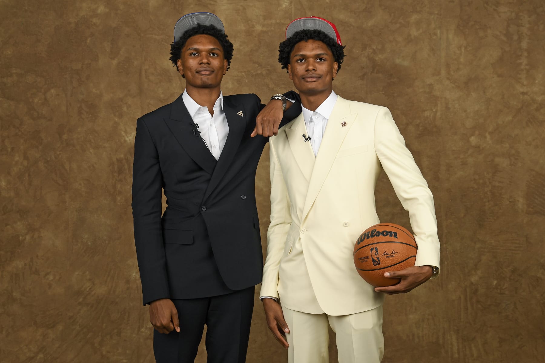 BROOKLYN, NY - JUNE 22: Amen Thompson and Ausar Thompson pose for a portrait after being drafted during the 2023 NBA Draft on June 22, 2023 at Barclays Center in Brooklyn, New York. NOTE TO USER: User expressly acknowledges and agrees that, by downloading and or using this photograph, User is consenting to the terms and conditions of the Getty Images License Agreement. Mandatory Copyright Notice: Copyright 2023 NBAE (Photo by Brian Babineau/NBAE via Getty Images)