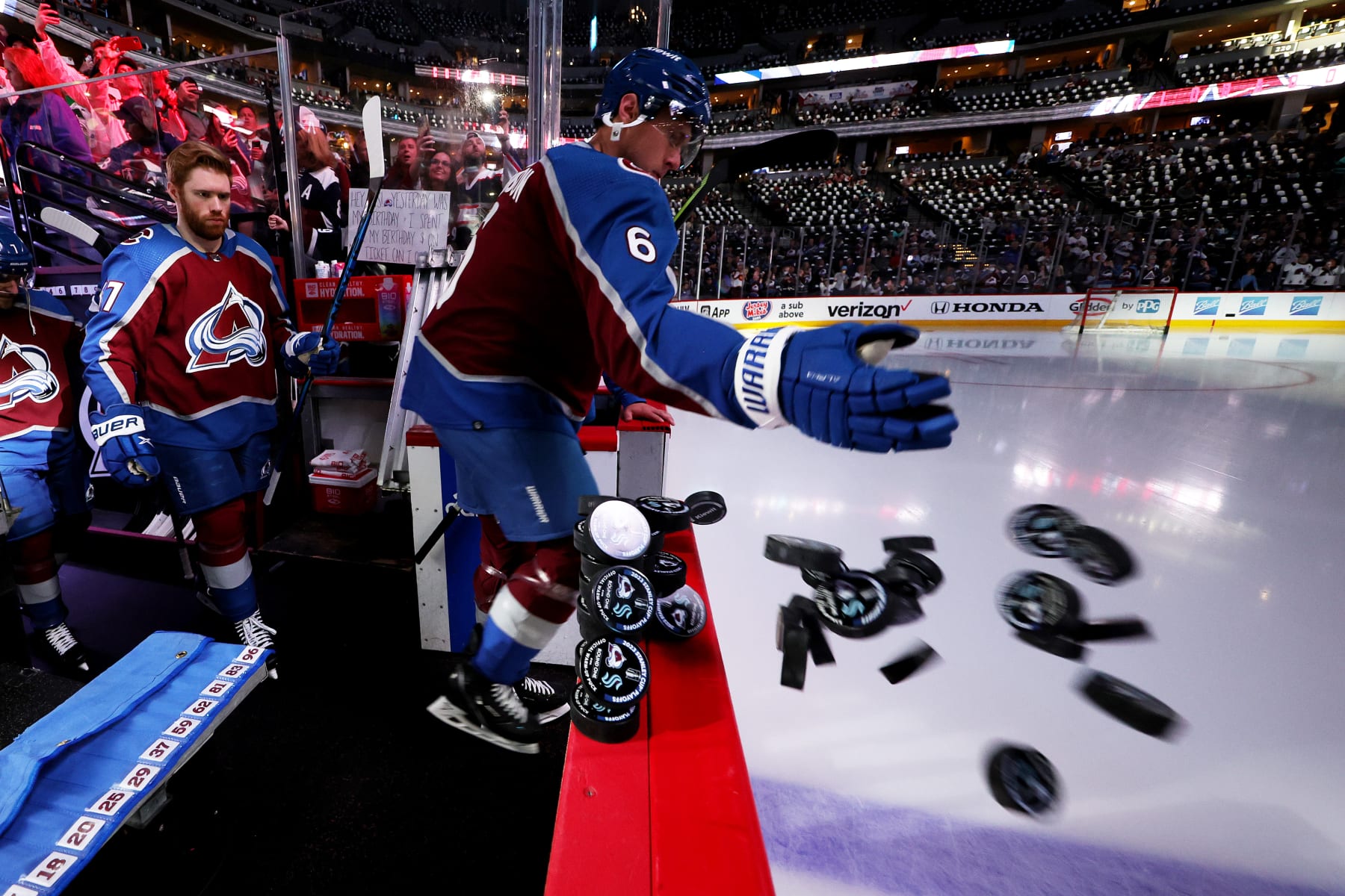 DENVER, COLORADO - APRIL 30: Erik Johnson #6 of the Colorado Avalanche skates prior to the game against the Seattle Kraken in Game Seven of the First Round of the 2023 Stanley Cup Playoffs at Ball Arena on April 30, 2023 in Denver, Colorado. (Photo by Michael Martin/NHLI via Getty Images)