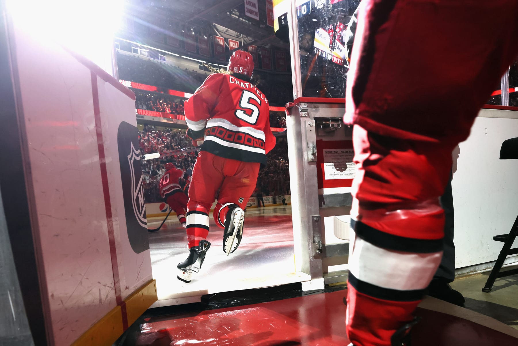 RALEIGH, NORTH CAROLINA - MAY 20: Jalen Chatfield #5 of the Carolina Hurricanes skates out to play against the Florida Panthers in Game Two of the Eastern Conference Finals of the 2023 Stanley Cup Playoffs at PNC Arena on May 20, 2023 in Raleigh, North Carolina. The Panthers defeated the Hurricanes 2-1 in overtime. (Photo by Bruce Bennett/Getty Images)