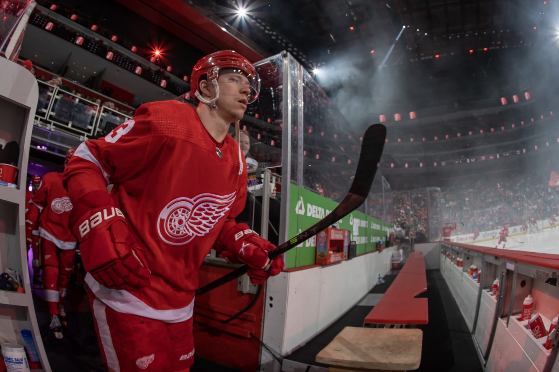 DETROIT, MI - APRIL 10: Lucas Raymond #23 of the Detroit Red Wings heads out to the rink for warm ups before the start of the first period of an NHL game against the Dallas Stars at Little Caesars Arena on April 10, 2023 in Detroit, Michigan. Dallas defeated Detroit 6-1. (Photo by Dave Reginek/NHLI via Getty Images)