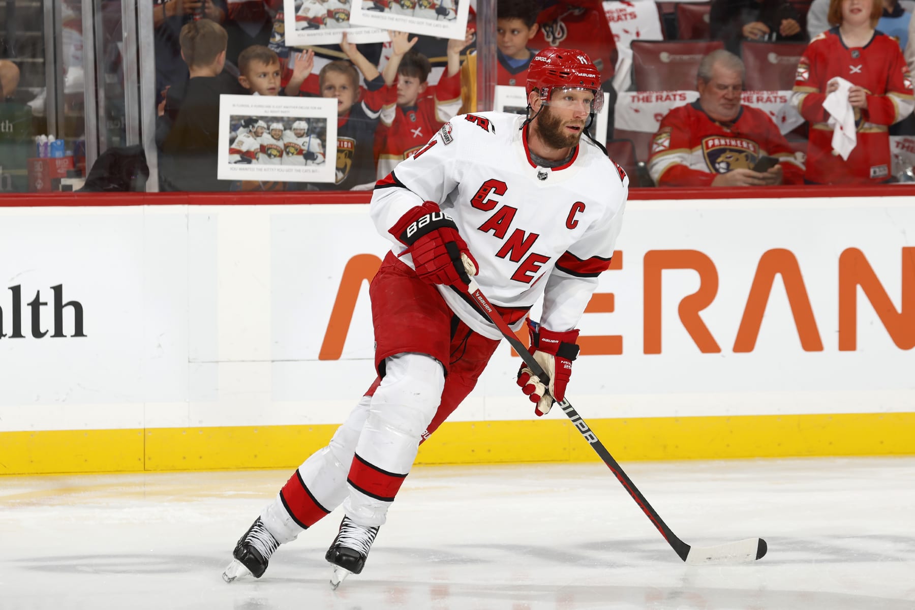 SUNRISE, FLORIDA - MAY 24: Jordan Staal #11 of the Carolina Hurricanes warms up on the ice prior to the start of the game against the Florida Panthers in Game Four of the Eastern Conference Final of the 2023 Stanley Cup Playoffs at the FLA Live Arena on May 24, 2023 in Sunrise, Florida. (Photo by Eliot J. Schechter/NHLI via Getty Images)