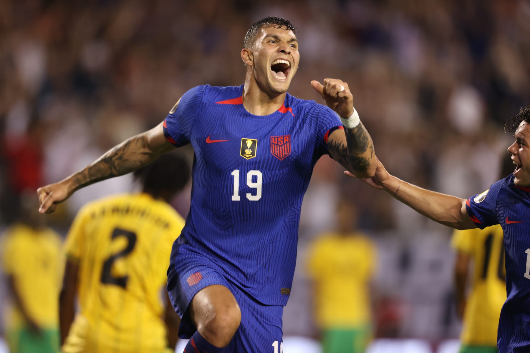 CHICAGO, IL - JUNE 24: Brandon Vazquez #19 of United States celebrates after scoring his team's first goal during the Group A match between United States and Jamaica as part of the 2023 CONCACAF Gold Cup at Soldier Field on June 24, 2023 in Chicago, Illinois. (Photo by Omar Vega/Getty Images)