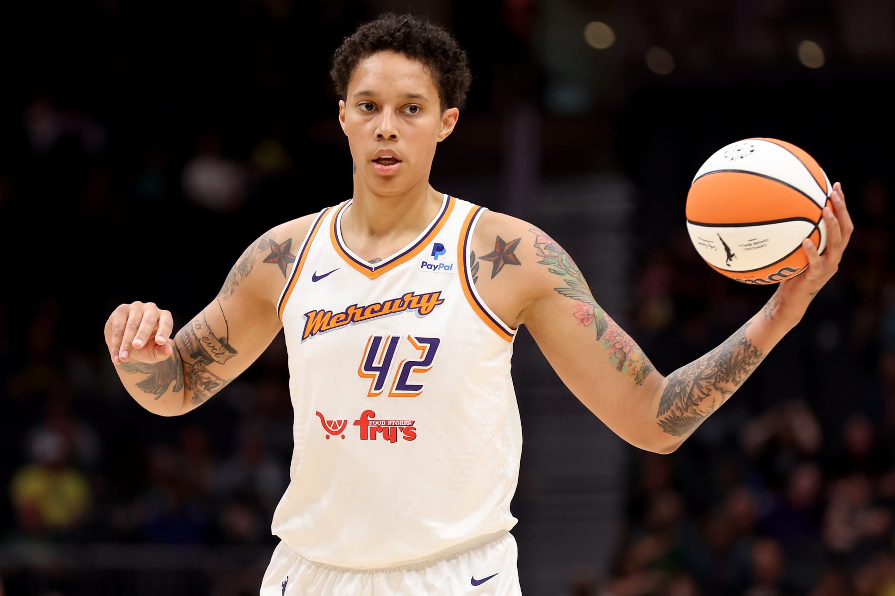 SEATTLE, WASHINGTON - JUNE 24: Brittney Griner #42 of the Phoenix Mercury looks to pass against the Seattle Storm during the first quarter at Climate Pledge Arena on June 24, 2023 in Seattle, Washington. (Photo by Steph Chambers/Getty Images)