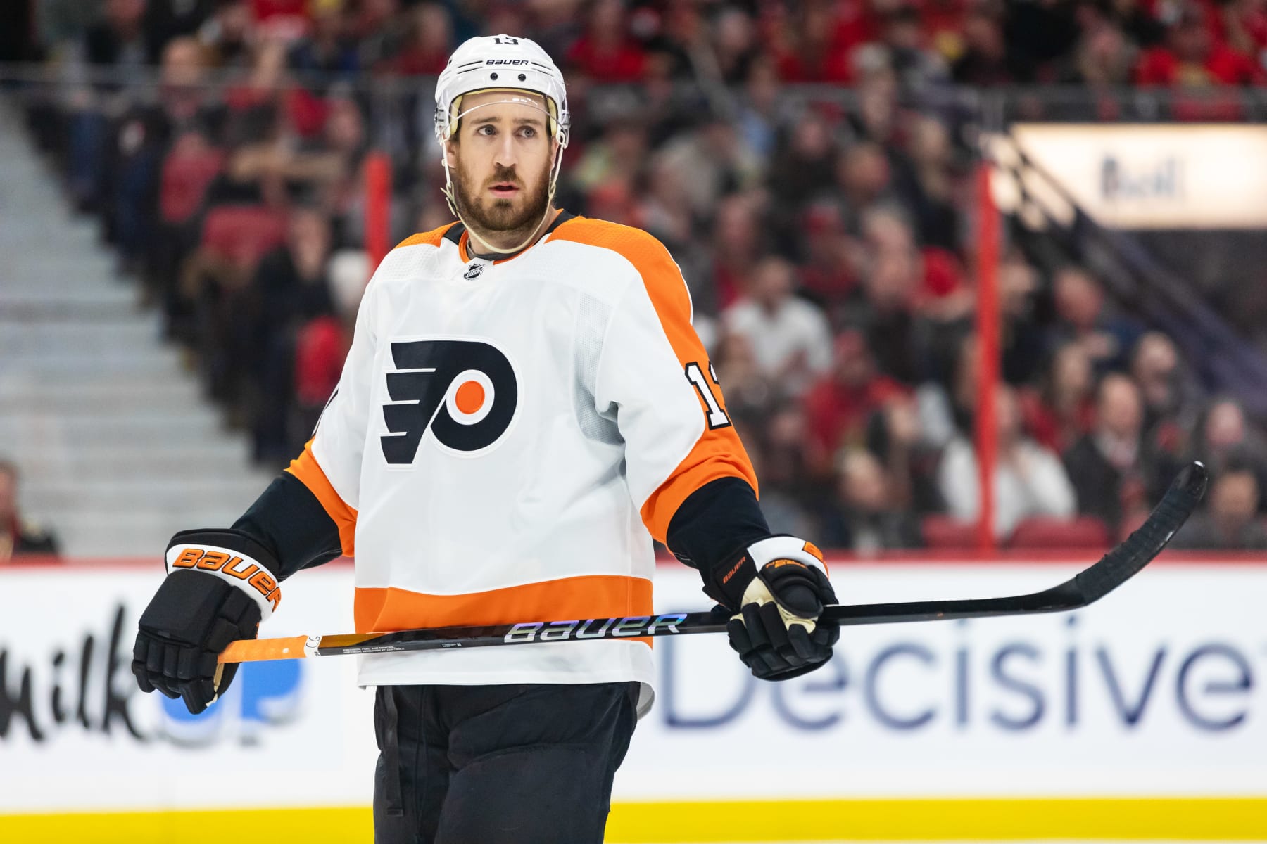 OTTAWA, ON - MARCH 30: Philadelphia Flyers Center Kevin Hayes (13) before a face-off during second period National Hockey League action between the Philadelphia Flyers and Ottawa Senators on March 30, 2023, at Canadian Tire Centre in Ottawa, ON, Canada. (Photo by Richard A. Whittaker/Icon Sportswire via Getty Images)