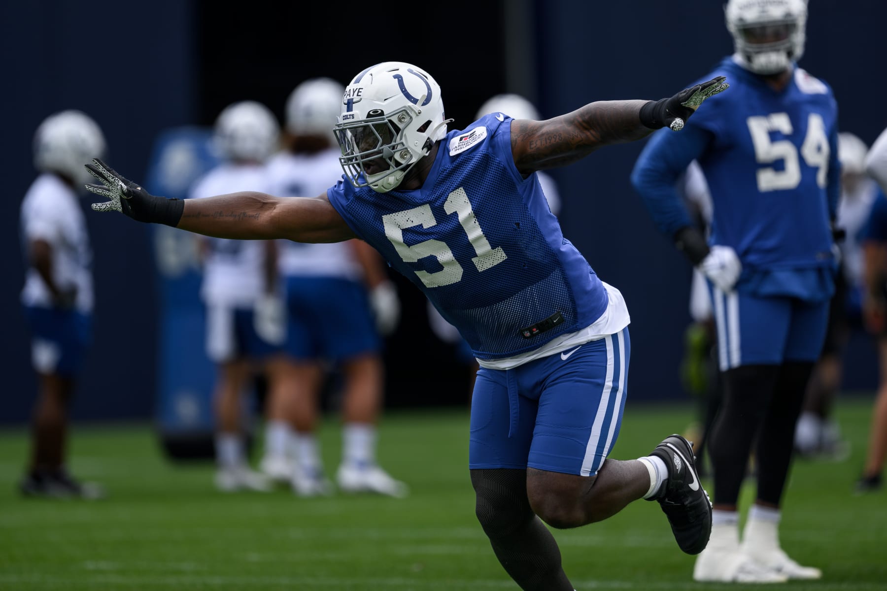 INDIANAPOLIS, IN - JUNE 14: Indianapolis Colts defensive end Kwity Paye (51) runs through a drill during the Indianapolis Colts Minicamp on June 14, 2023 at the Indiana Farm Bureau Football Center in Indianapolis, IN. (Photo by Zach Bolinger/Icon Sportswire via Getty Images)