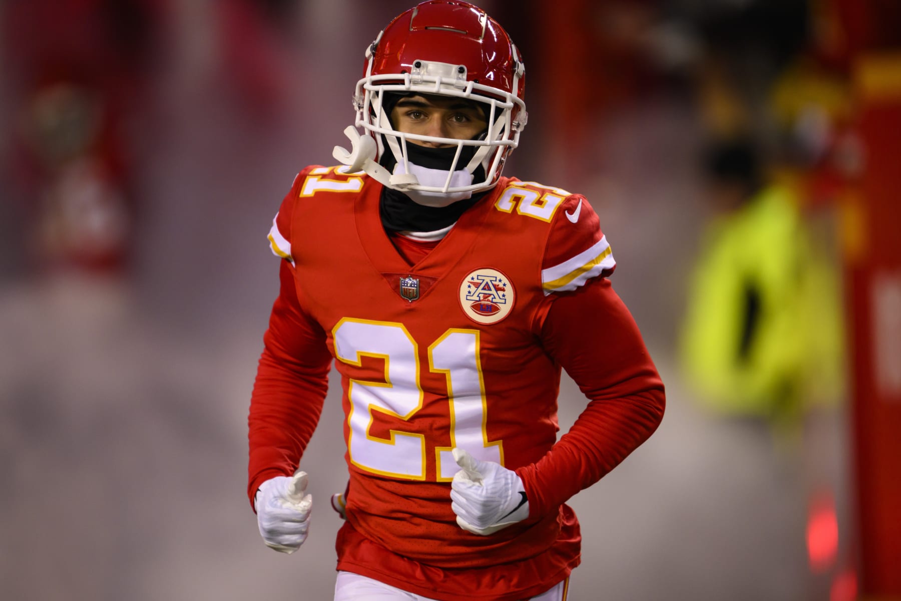 Kansas City Chiefs cornerback Trent McDuffie comes onto the field during introductions before playing the Cincinnati Bengals in the NFL AFC Championship playoff football game, Sunday, Jan. 29, 2023 in Kansas City, Mo. (AP Photo/Reed Hoffmann)