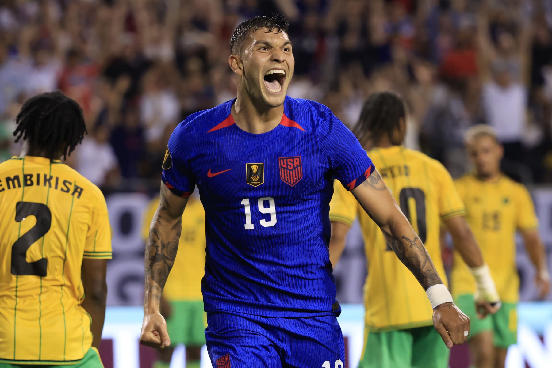 CHICAGO, ILLINOIS - JUNE 24: Brandon Vazquez #19 of the United States celebrates after scoring a goal during the second half in the game against Jamaica during the Concacaf Gold Cup Group Stage at Soldier Field on June 24, 2023 in Chicago, Illinois. (Photo by Justin Casterline/Getty Images)