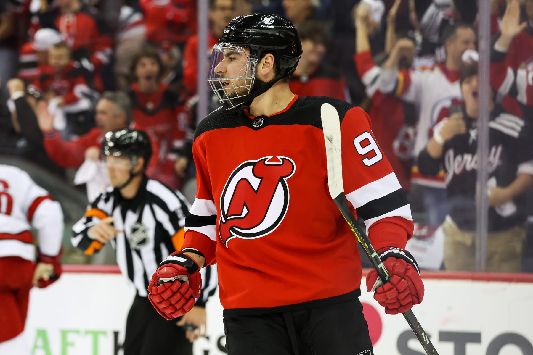 NEWARK, NJ - MAY 07: New Jersey Devils right wing Timo Meier (96) celebrates after scoring a goal during Game 3 of an Eastern Conference Second Round playoff game between the Carolina Hurricanes and the New Jersey Devils on May 7, 2023, at Prudential Center in Newark, New Jersey. (Photo by Andrew Mordzynski/Icon Sportswire via Getty Images)