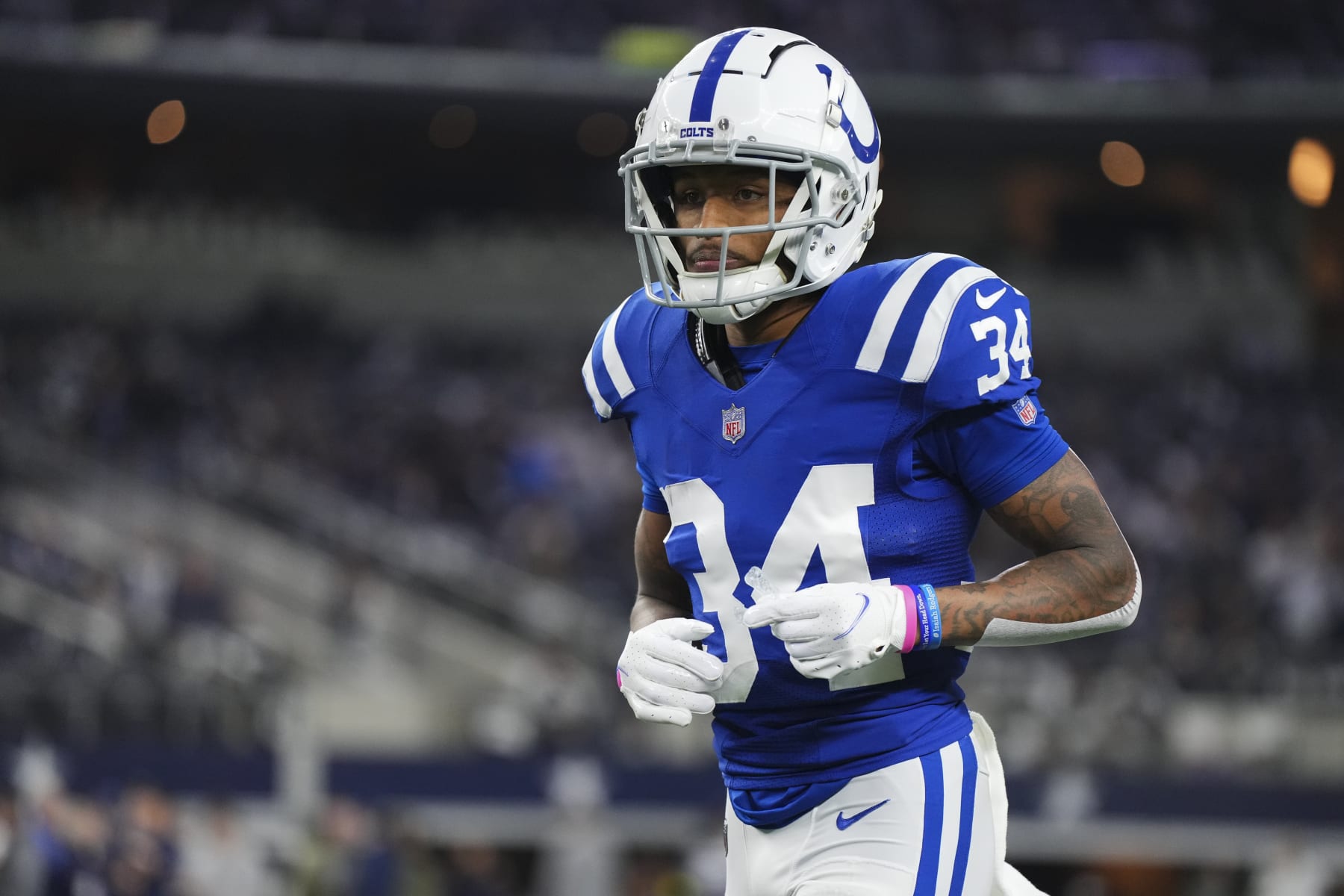 FILE - Indianapolis Colts cornerback Isaiah Rodgers (34) looks on during an NFL  football game, Sunday, Nov. 6, 2022, in Foxborough, Mass. The NFL suspended  three players indefinitely Thursday, June 29, 2023