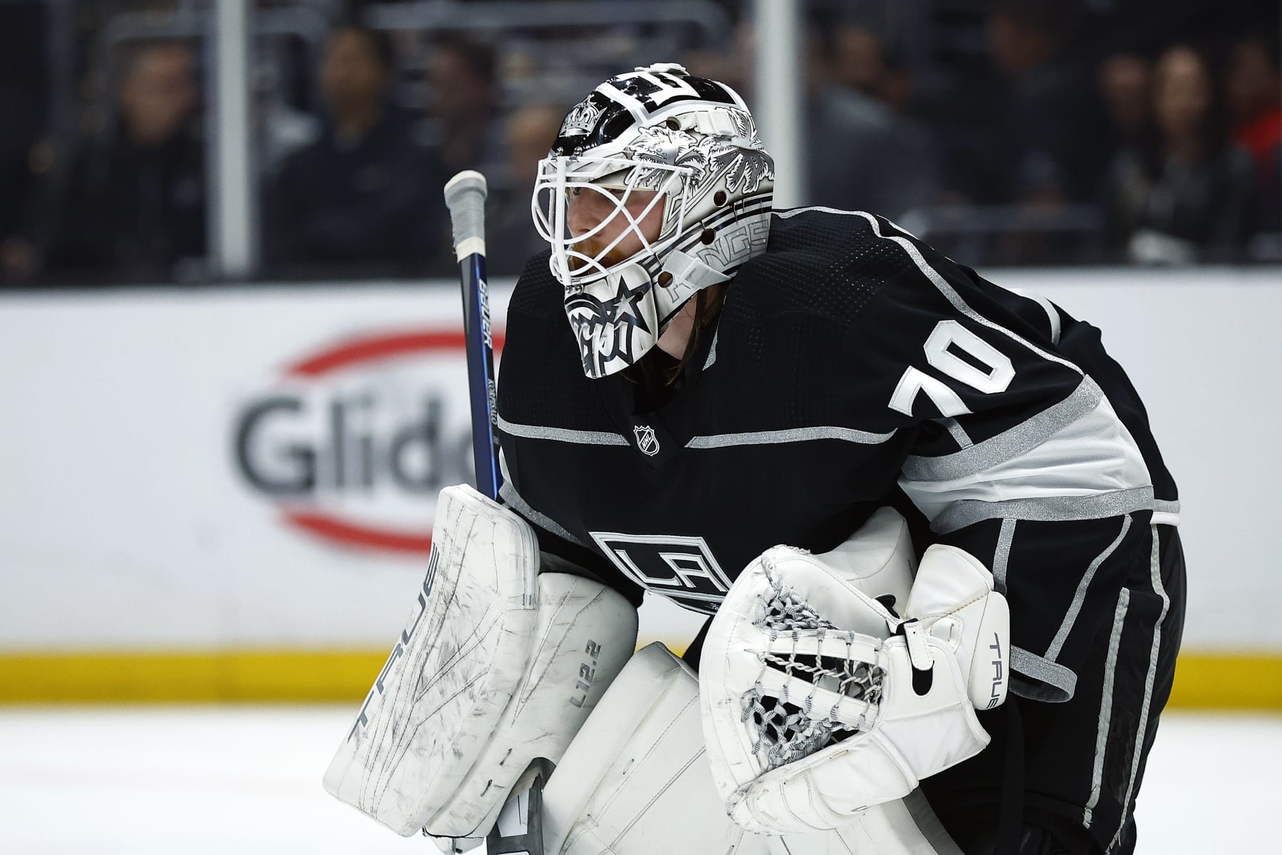 Joonas Korpisalo of the Los Angeles Kings during a stop in play News  Photo - Getty Images