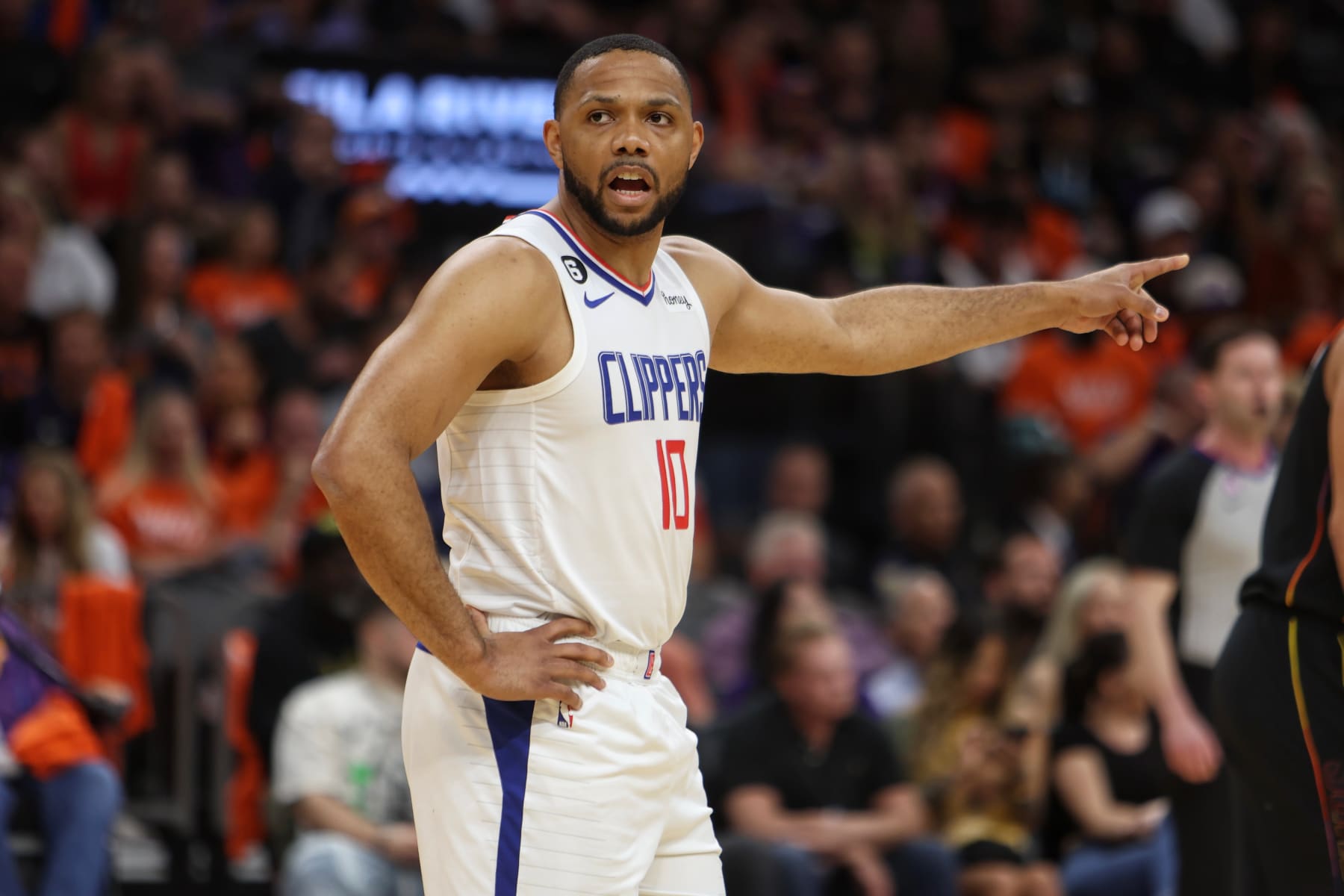 PHOENIX, AZ - APRIL 25: Eric Gordon #10 of the LA Clippers looks on during Round 1 Game 5 of the 2023 NBA Playoffs against the Phoenix Suns on April 25, 2023 at Footprint Center in Phoenix, Arizona. NOTE TO USER: User expressly acknowledges and agrees that, by downloading and or using this photograph, user is consenting to the terms and conditions of the Getty Images License Agreement. Mandatory Copyright Notice: Copyright 2023 NBAE (Photo by Jim Poorten/NBAE via Getty Images)