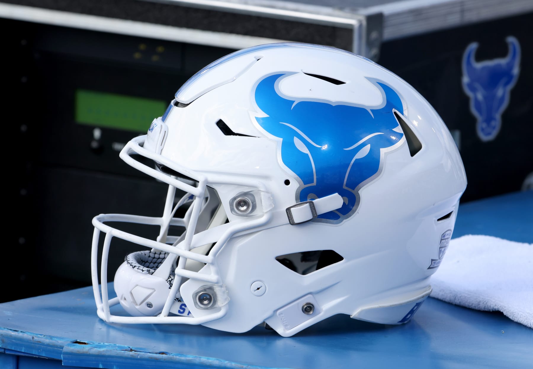 BUFFALO, NY - SEPTEMBER 18: A view of a Buffalo Bulls players helmet on the bench during a game against the Coastal Carolina Chanticleers at UB Stadium on September 18, 2021 in Buffalo, New York. (Photo by Timothy T Ludwig/Getty Images)