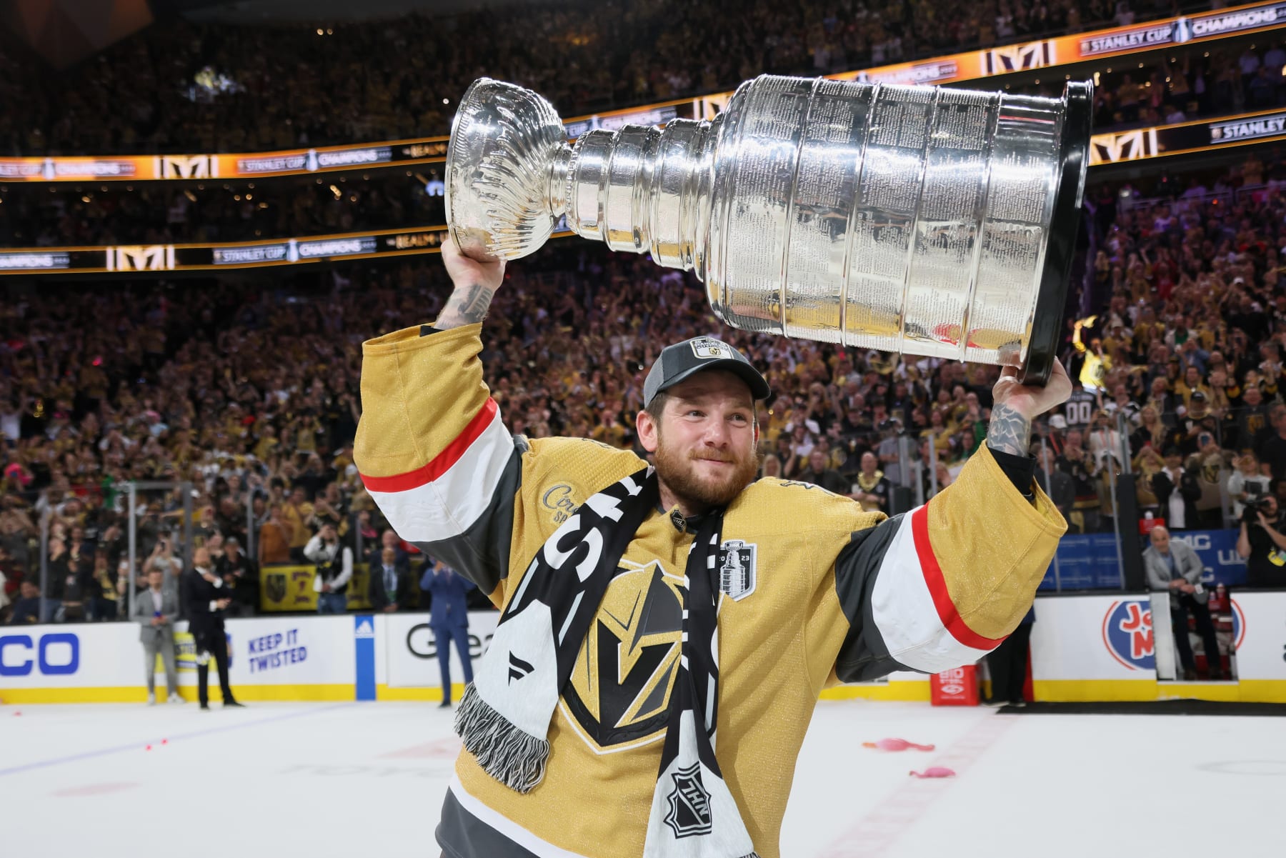 LAS VEGAS, NEVADA - JUNE 13: Jonathan Quick #32 of the Vegas Golden Knights celebrates the Stanley Cup victory over the Florida Panthers in Game Five of the 2023 NHL Stanley Cup Final at T-Mobile Arena on June 13, 2023 in Las Vegas, Nevada. (Photo by Bruce Bennett/Getty Images)