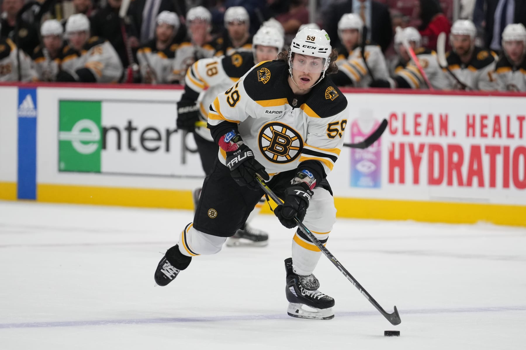 SUNRISE, FL - APRIL 23: Boston Bruins left wing Tyler Bertuzzi (59) attacks the net in the third period during game four of  the first round of the Eastern Conference Playoffs between the Boston Bruins and the Florida Panthers on Friday, April 23, 2023 at FLA Live Arena in Sunrise, Fla  (Photo by Peter Joneleit/Icon Sportswire via Getty Images)