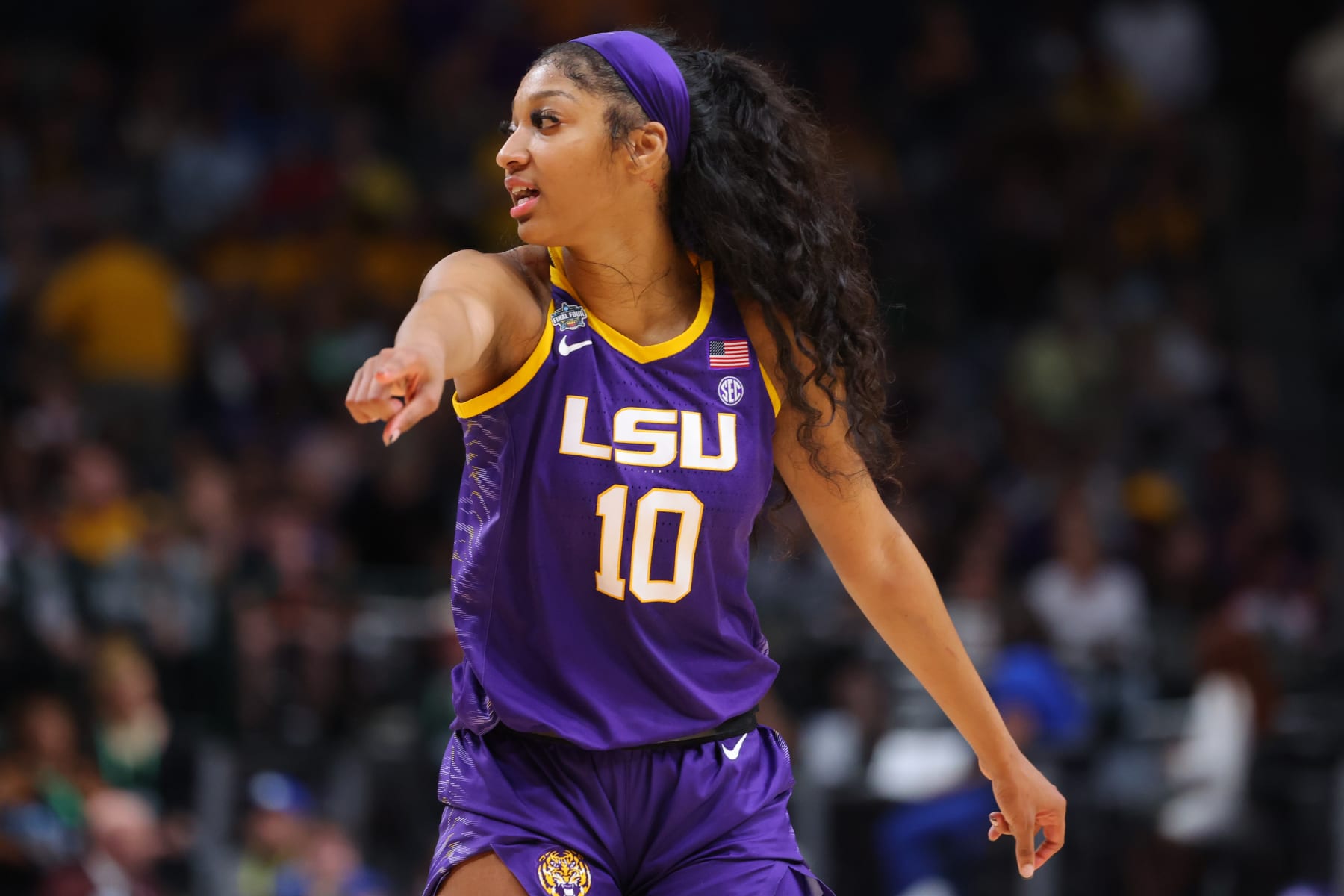 DALLAS, TX - APRIL 02: Angel Reese #10 of the LSU Lady Tigers reacts against the Iowa Hawkeyes during the 2023 NCAA Women's Basketball Tournament National Championship at American Airlines Center on April 2, 2023 in Dallas, Texas. (Photo by C. Morgan Engel/NCAA Photos via Getty Images)