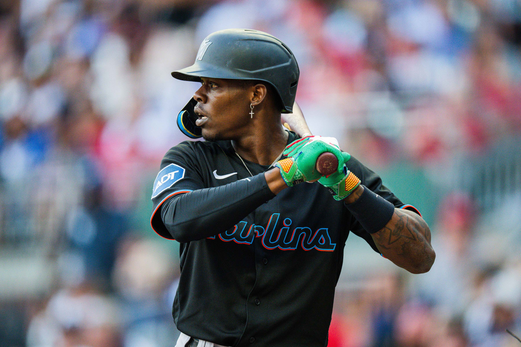 ATLANTA, GA - JUNE 30: Jazz Chisholm Jr. #2 of the Miami Marlins waits on the pitch during the second inning against the Atlanta Braves at Truist Park on June 30, 2023 in Atlanta, Georgia. (Photo by Kevin D. Liles/Atlanta Braves/Getty Images)