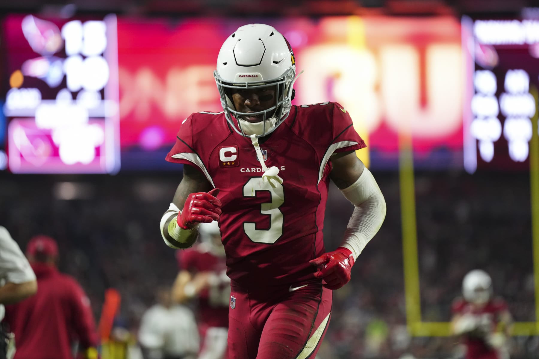 GLENDALE, AZ - DECEMBER 12: Budda Baker #3 of the Arizona Cardinals runs off of the field against the New England Patriots at State Farm Stadium on December 12, 2022 in Glendale, Arizona. (Photo by Cooper Neill/Getty Images)