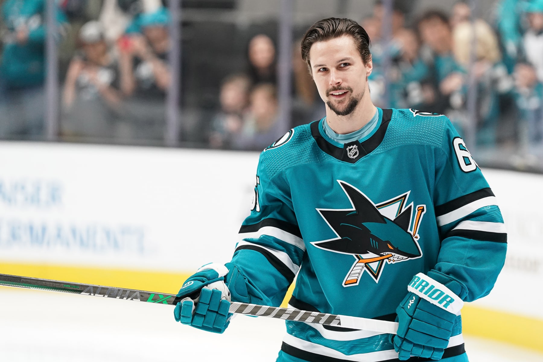SAN JOSE, CA - APRIL 8: Erik Karlsson #65 of the San Jose Sharks skates during warmups before the game against the Edmonton Oilers at SAP Center on April 8, 2023 in San Jose, California. (Photo by Kavin Mistry/NHLI via Getty Images)