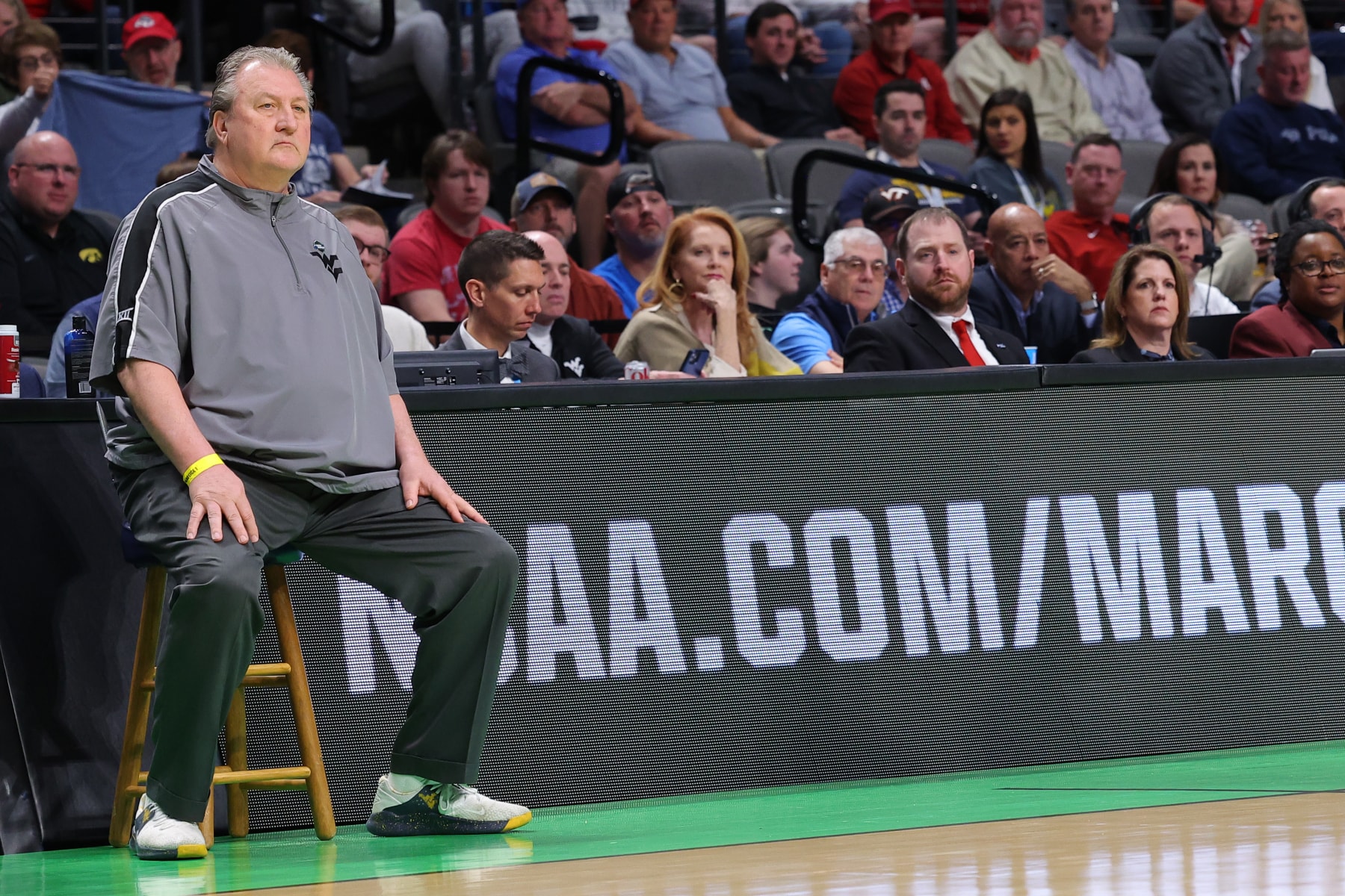 BIRMINGHAM, ALABAMA - MARCH 16: Head coach Bob Huggins of the West Virginia Mountaineers looks on against the Maryland Terrapins during the first half in the first round of the NCAA Men's Basketball Tournament at Legacy Arena at the BJCC on March 16, 2023 in Birmingham, Alabama. (Photo by Kevin C. Cox/Getty Images)