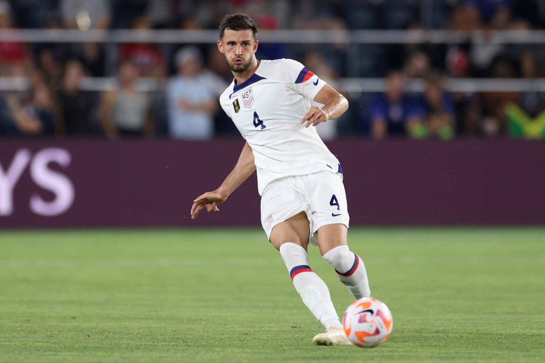 ST LOUIS, MISSOURI - JUNE 28: Matt Miazga #4 of the United States passes the ball during the second half of a Group A match of the 2023 CONCACAF Gold Cup against Saint Kitts and Nevis at CITYPARK on June 28, 2023 in St Louis, Missouri. (Photo by John Dorton/USSF/Getty Images for USSF)