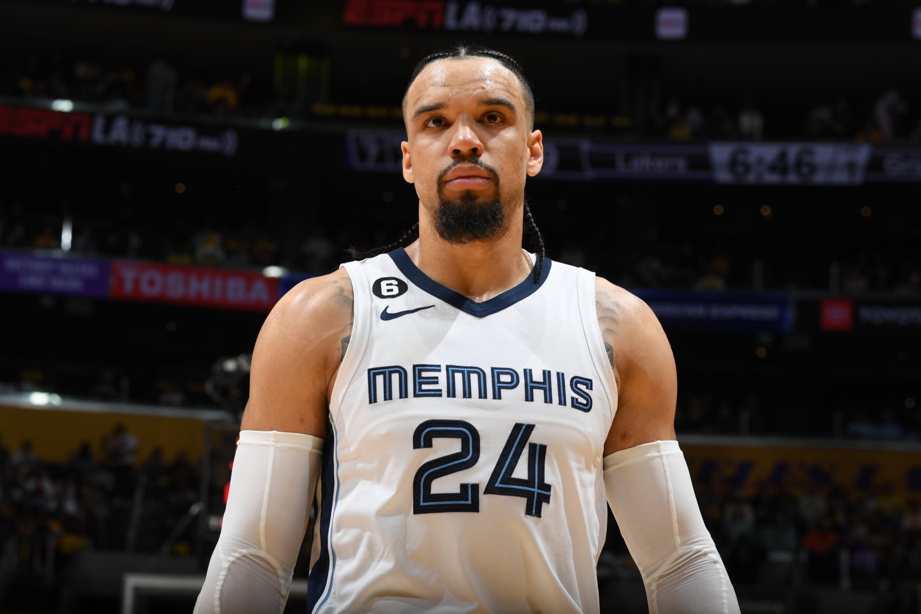 LOS ANGELES, CA - APRIL 24: Dillon Brooks #24 of the Memphis Grizzlies looks on during Round One Game Four of the 2023 NBA Playoffs against the Los Angeles Lakers on April 24, 2023 at Crypto.Com Arena in Los Angeles, California. NOTE TO USER: User expressly acknowledges and agrees that, by downloading and/or using this Photograph, user is consenting to the terms and conditions of the Getty Images License Agreement. Mandatory Copyright Notice: Copyright 2023 NBAE (Photo by Andrew D. Bernstein/NBAE via Getty Images)