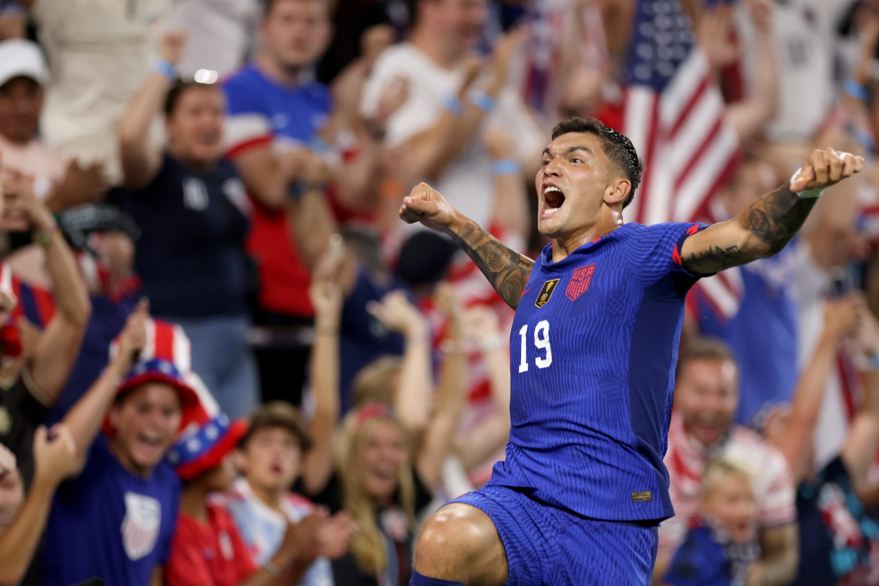 CINCINNATI, OHIO - JULY 09: Brandon Vazquez #19 of the United States celebrates after a goal during the second half of the Quarterfinal match in the 2023 Concacaf Gold Cup against Canada at TQL Stadium on July 09, 2023 in Cincinnati, Ohio. (Photo by John Dorton/USSF/Getty Images for USSF)