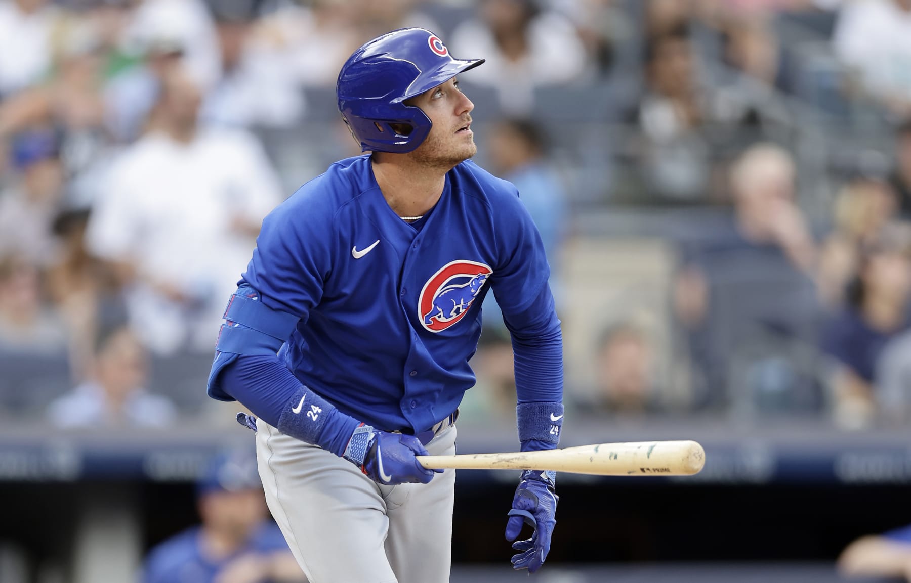 NEW YORK, NEW YORK - JULY 09:  Cody Bellinger #24 of the Chicago Cubs in action against the New York Yankees at Yankee Stadium on July 9, 2023 in Bronx borough of New York City. The Cubs defeated the Yankees 7-4. (Photo by Jim McIsaac/Getty Images)