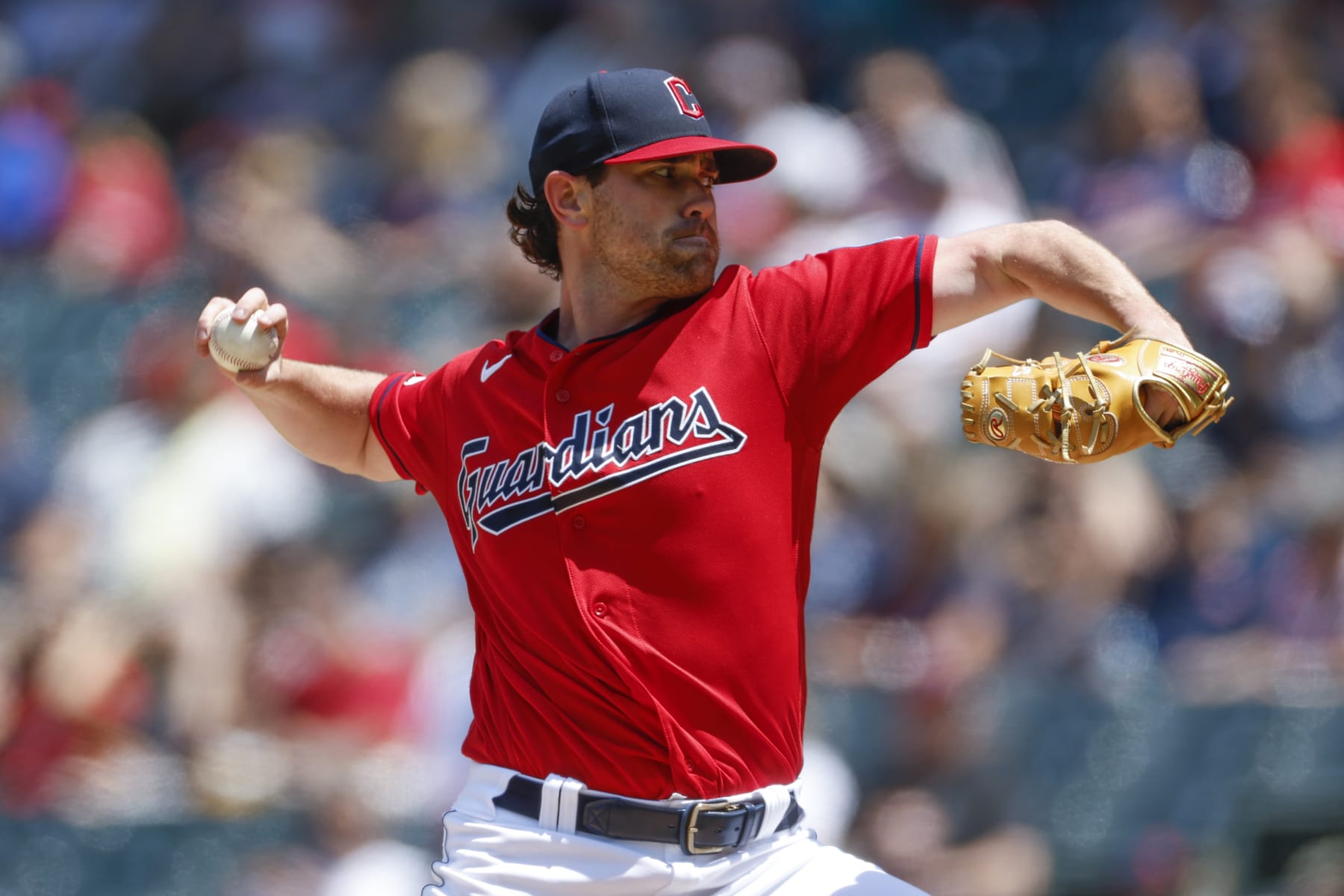 CLEVELAND, OH - JULY 09: Shane Bieber #57 of the Cleveland Guardians pitches against the Kansas City Royals during the first inning at Progressive Field on July 09, 2023 in Cleveland, Ohio. (Photo by Ron Schwane/Getty Images)