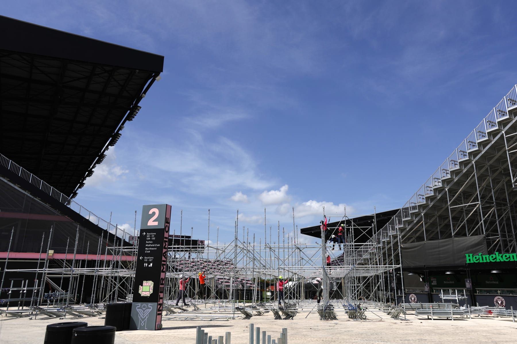 FORT LAUDERDALE, FLORIDA - JULY 12: Workers construct additional seating at DRV PINK stadium ahead of Lionel Messi’s unveiling on July 16th with Inter Miami CF on July 12, 2023 in Fort Lauderdale, Florida. (Photo by Megan Briggs/Getty Images)
