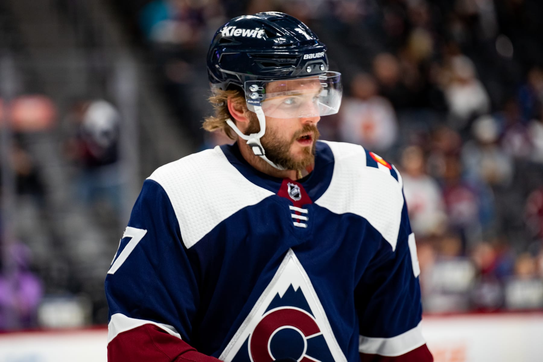 DENVER, COLORADO - MARCH 20: Alex Galchenyuk #47 of the Colorado Avalanche looks ahead during warmups ahead of the game against the Chicago Blackhawks at Ball Arena on March 20, 2023 in Denver, Colorado. (Photo by Ashley Potts/NHLI via Getty Images)