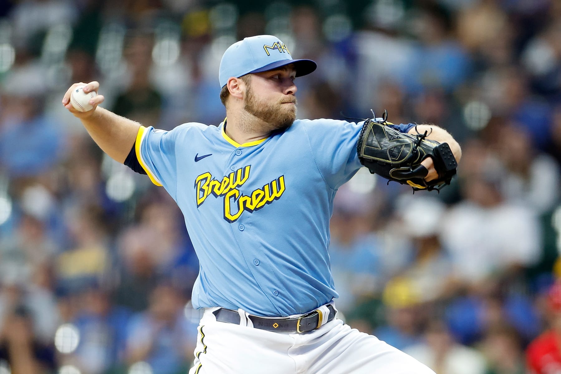 MILWAUKEE, WISCONSIN - JULY 07: Corbin Burnes #39 of the Milwaukee Brewers throws a pitch in the first inning against the Cincinnati Reds at American Family Field on July 07, 2023 in Milwaukee, Wisconsin. (Photo by John Fisher/Getty Images)