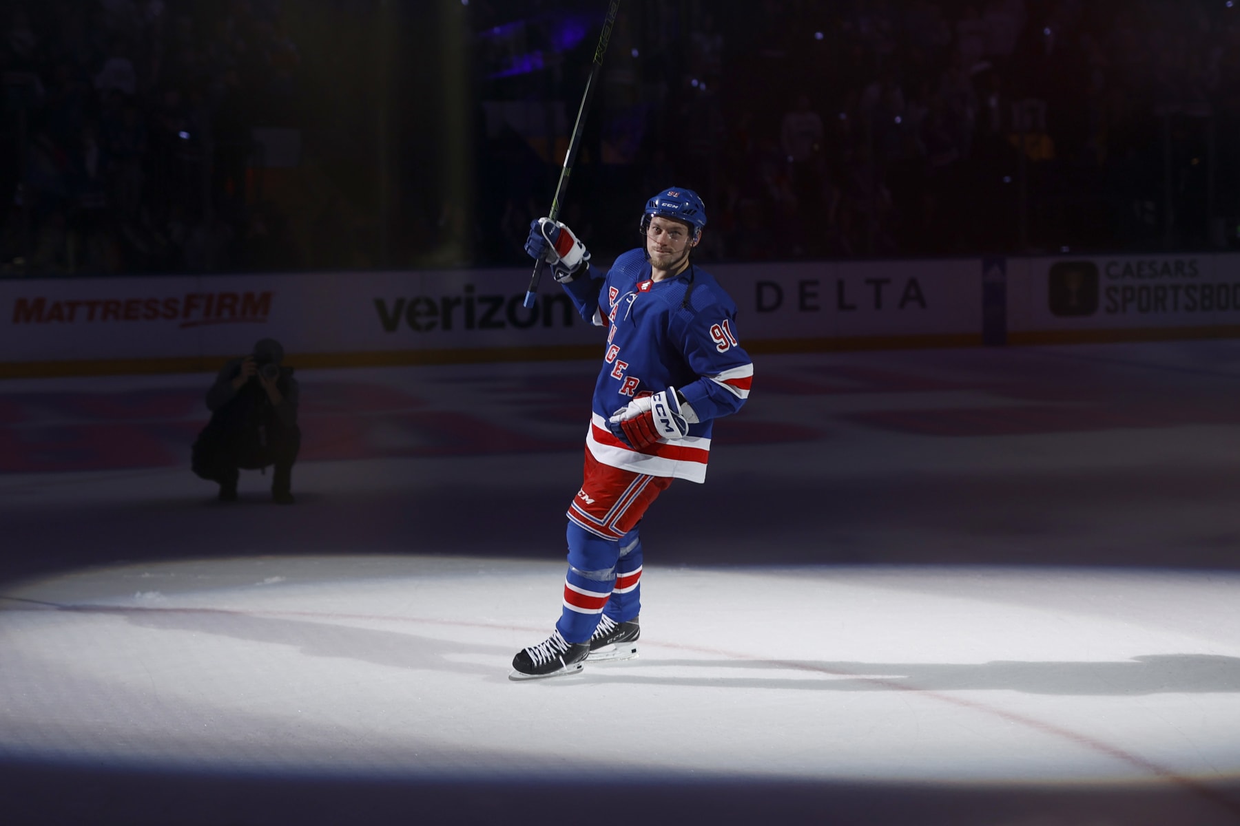 NEW YORK, NEW YORK - APRIL 29: Vladimir Tarasenko #91 celebrates after the New York Rangers defeat the New Jersey Devils 5-2 in Game Six of the First Round of the 2023 Stanley Cup Playoffs at Madison Square Garden on April 29, 2023 in New York, New York. (Photo by Josh Lobel/NHLI via Getty Images)