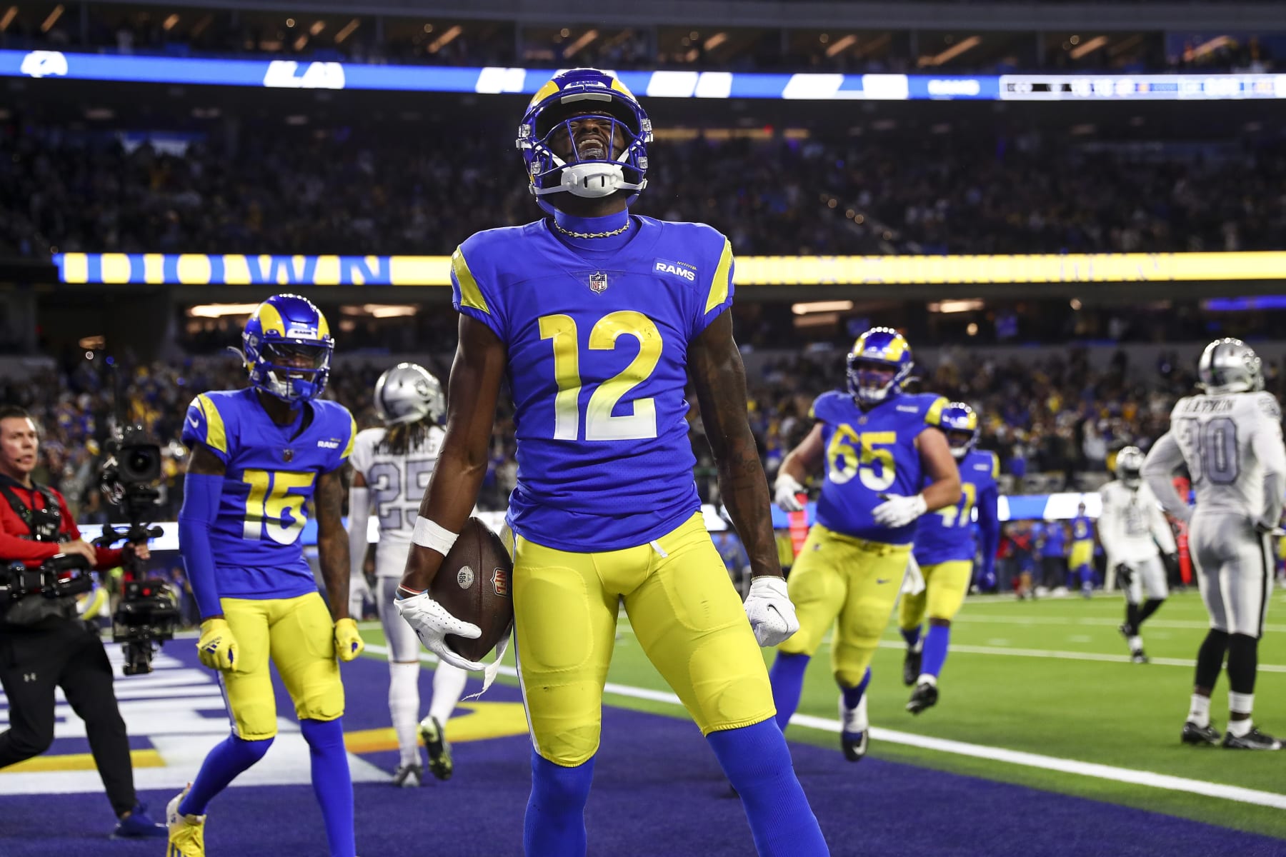 INGLEWOOD, CA - DECEMBER 8: Van Jefferson #12 of the Los Angeles Rams celebrates after scoring a touchdown during the fourth quarter of an NFL football game against the Las Vegas Raiders at SoFi Stadium on December 8, 2022 in Inglewood, California. (Photo by Kevin Sabitus/Getty Images) INGLEWOOD, CA - DECEMBER 8: Van Jefferson #12 of the Los Angeles Rams celebrates after scoring a touchdown during the fourth quarter of an NFL football game against the Las Vegas Raiders at SoFi Stadium on December 8, 2022 in Inglewood, California. (Photo by Kevin Sabitus/Getty Images)