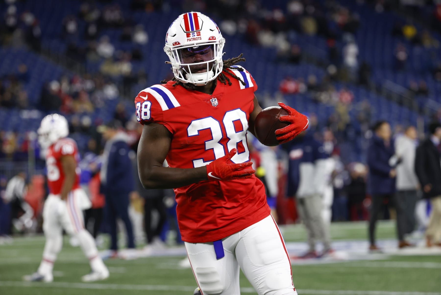 FOXBOROUGH, MA - DECEMBER 01: New England Patriots running back Rhamondre Stevenson (38) in warm up before a game between the New England Patriots and the Buffalo Bills on December 1, 2022, at Gillette Stadium in Foxborough, Massachusetts. (Photo by Fred Kfoury III/Icon Sportswire via Getty Images) FOXBOROUGH, MA - DECEMBER 01: New England Patriots running back Rhamondre Stevenson (38) in warm up before a game between the New England Patriots and the Buffalo Bills on December 1, 2022, at Gillette Stadium in Foxborough, Massachusetts. (Photo by Fred Kfoury III/Icon Sportswire via Getty Images)